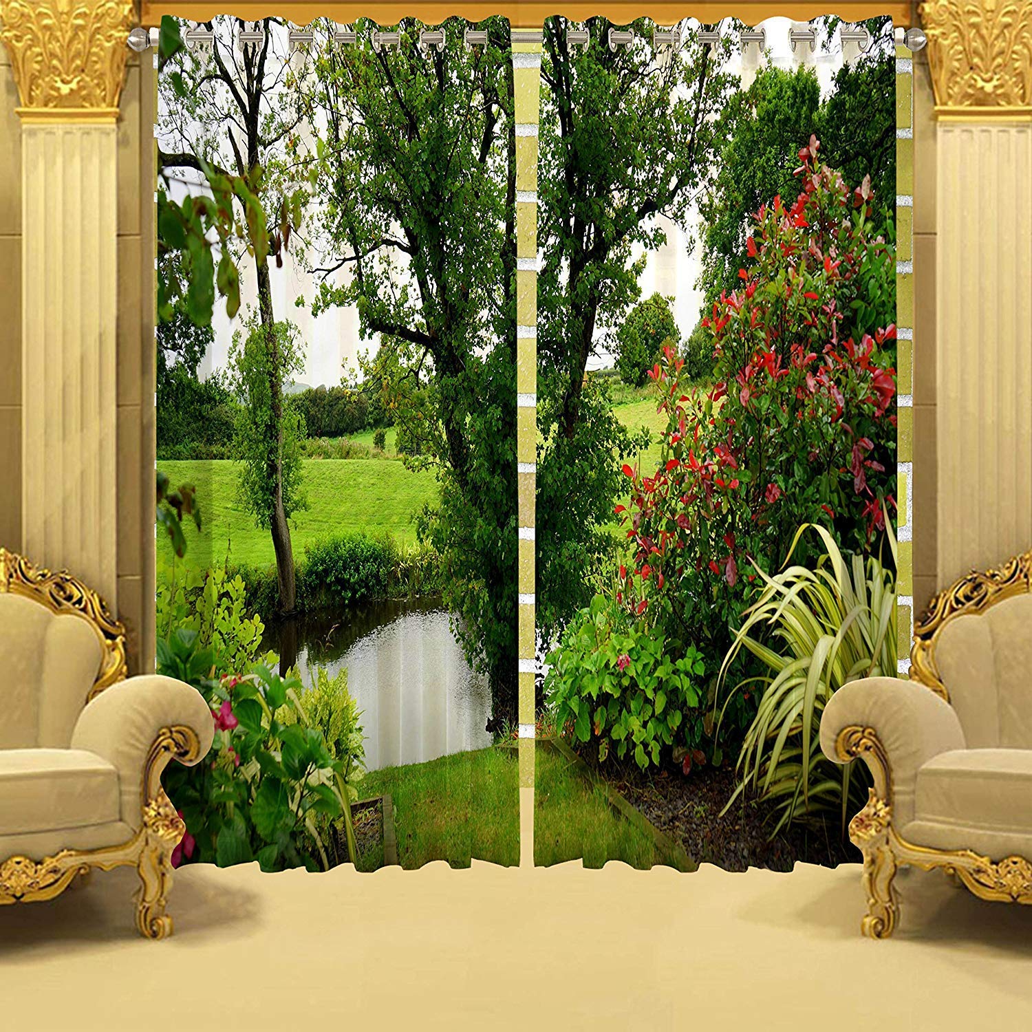 V4M 3D Forest Garden Digital Printed Polyester Fabric Curtains for Bed Room, Living Room Kids Room Color Green Window/Door/Long Door (D.N.120) (4, 4 x 9 Feet (Size: 48 x 108 Inch) Long Door)