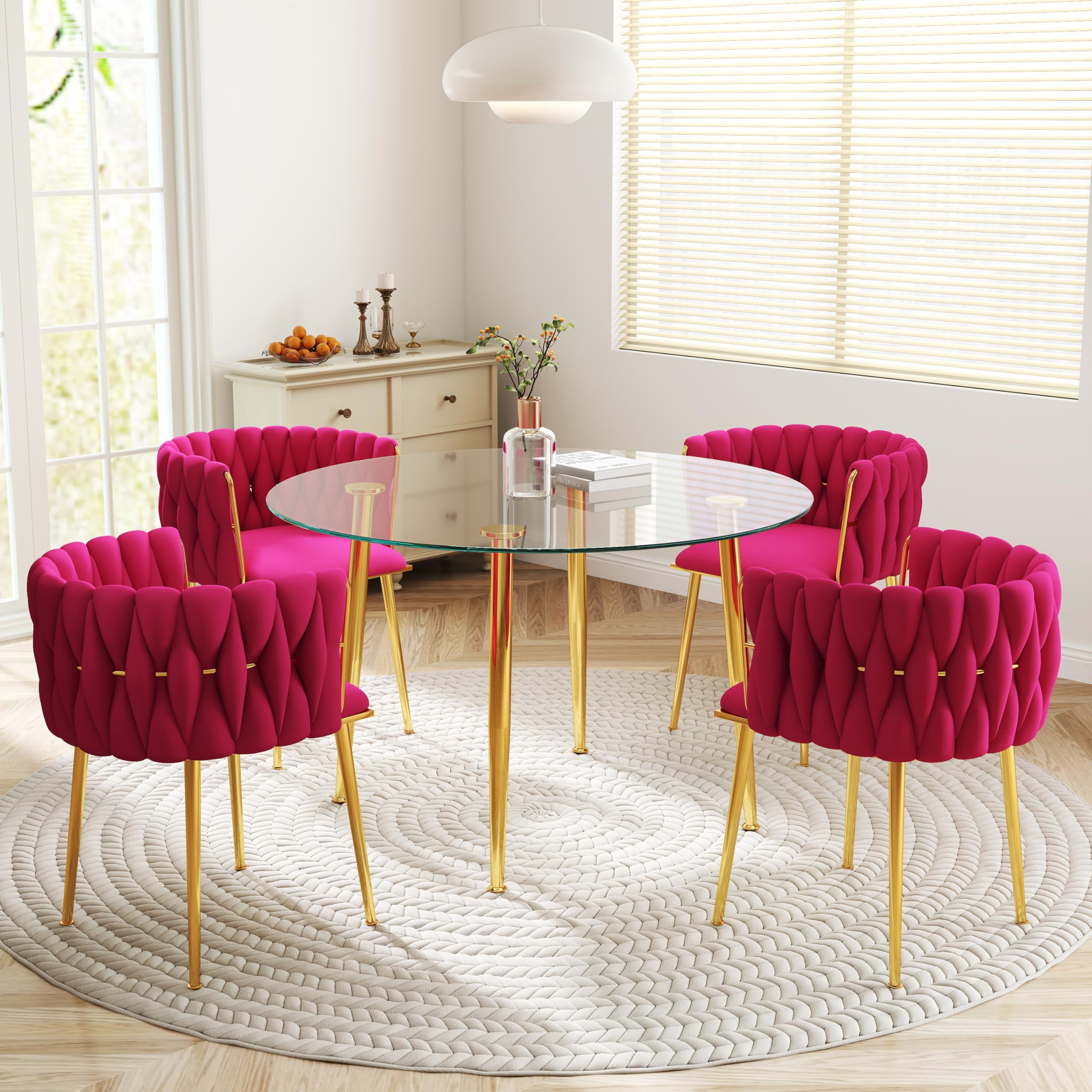 HAIZAO Gold Glass Round Dining Table Set for 4, 40'' Small Circle Dinner Room Set, 5 Piece Clear Glass Top Circular Kitchen Set, Modern Luxury Dinette