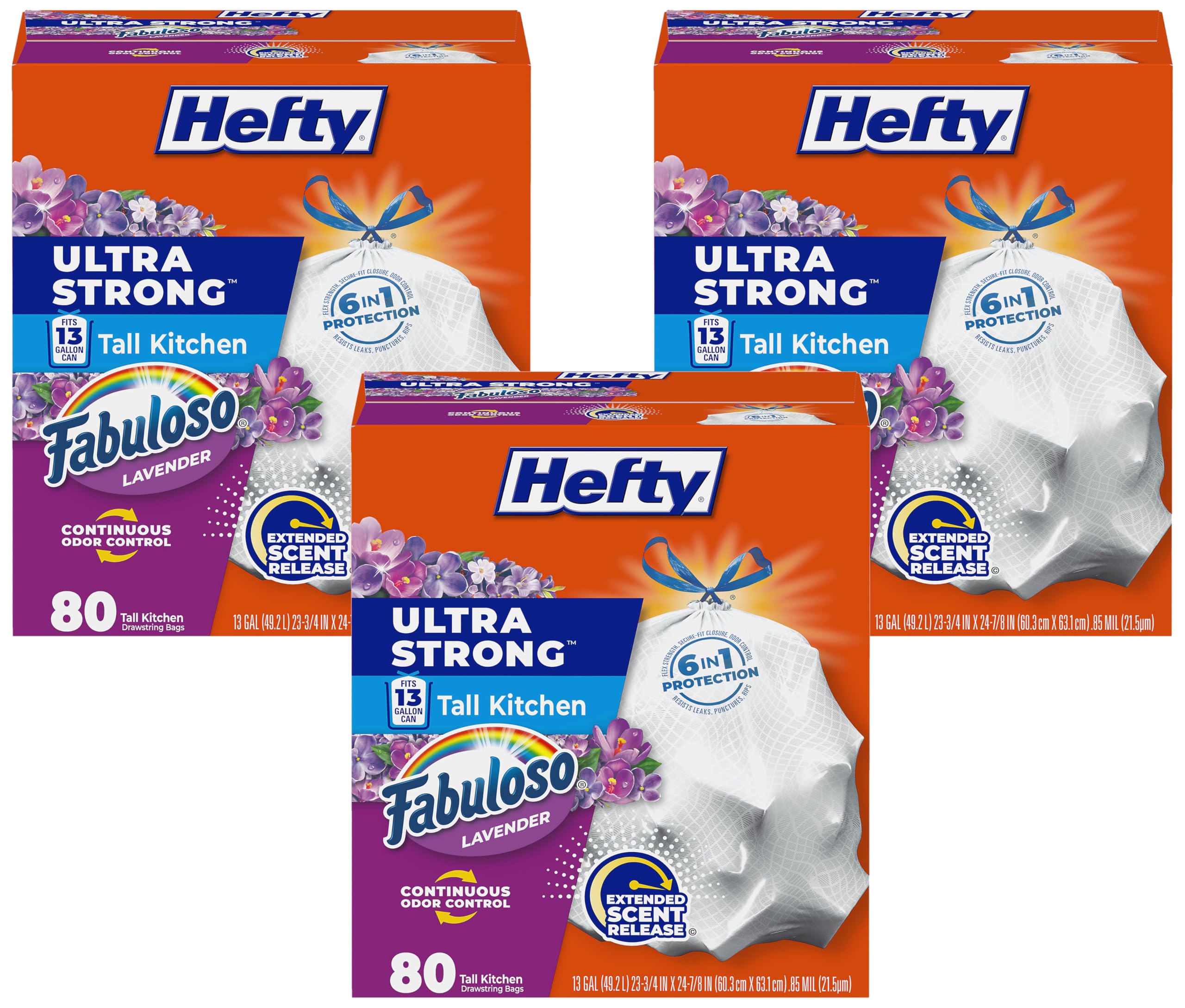 Hefty Ultra Strong 13 Gallon Trash Bags,Tall Kitchen Trash Bags 13 Gallon Size,Resist Leaks,Punctures,and Rips,Continuous Odor Control,White,Fabuloso Scent,80-Bags,(Pack of 3)