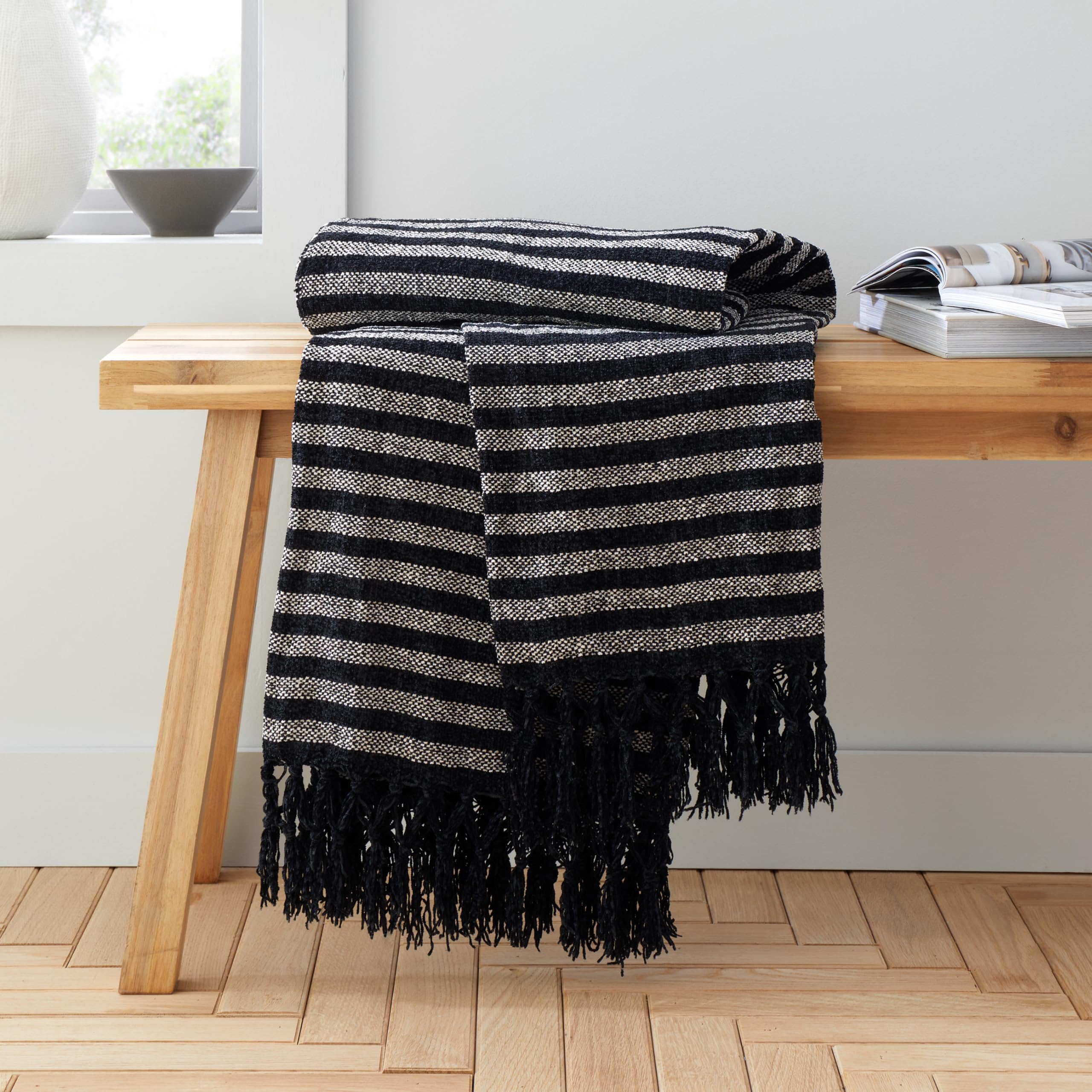 Catherine Lansfield Black Stripe Chenille 130X170cm Blanket Throw