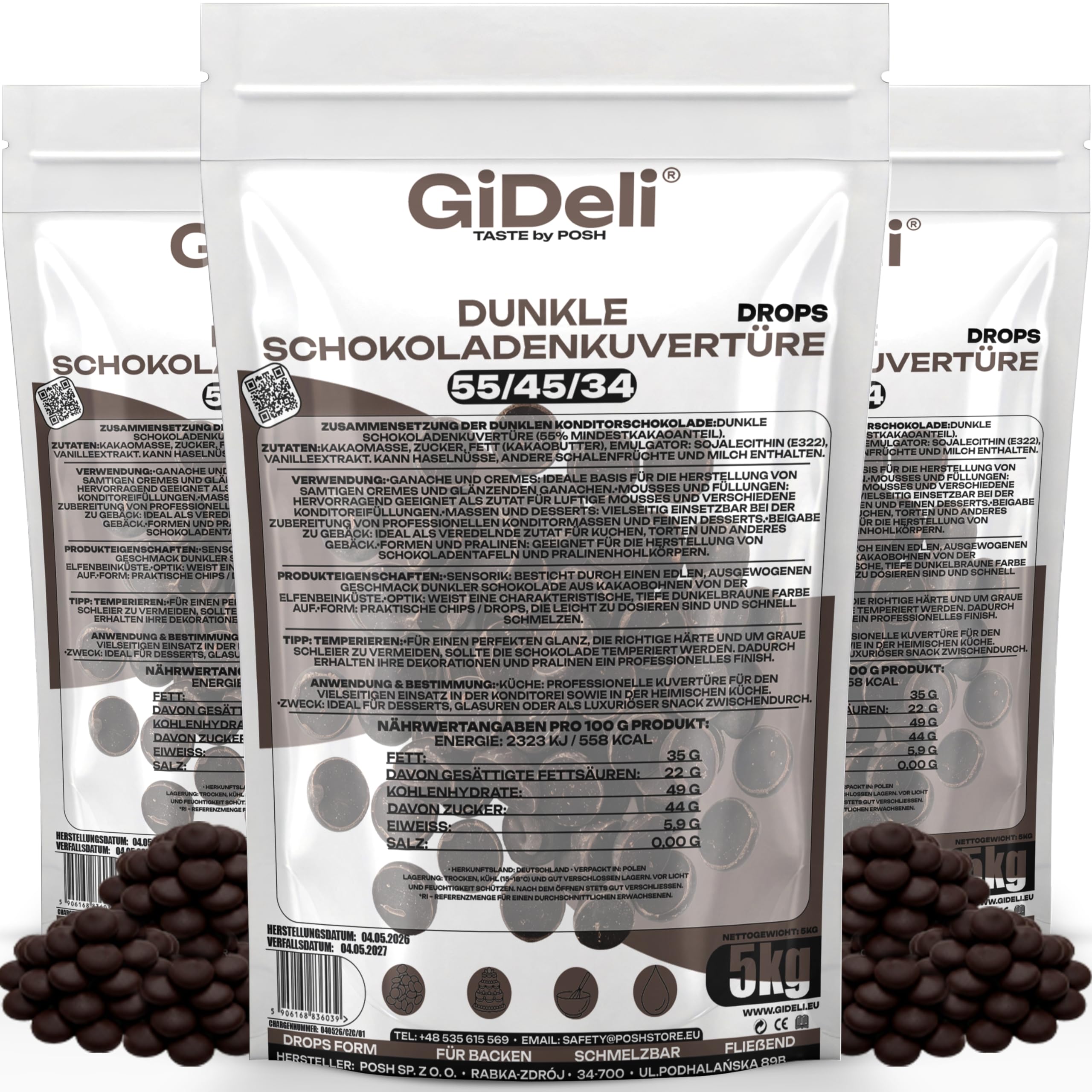 GiDeli Dunkle Schokoladenkuvertüre 55% Drops 3x5kg - Professionelle Zartbitterschokolade zum Temperieren - Kakao von der Elfenbeinküste - Einfache Dosierung - Ideal für Pralinen & Ganache