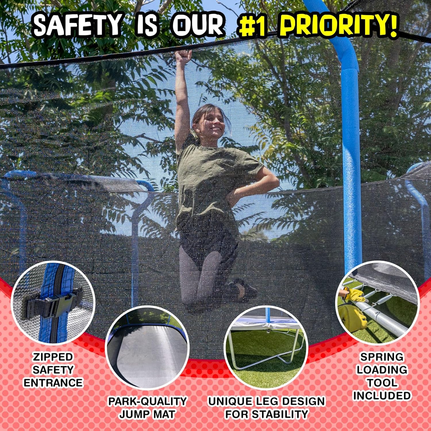 Outdoor Kids Trampoline with Heavy Duty Galvanized Rust Resistent Steel Frame: Meets ASTM Safety Standard with Safety Enclosure Net and Foam Pad, 12FT Square - Blue