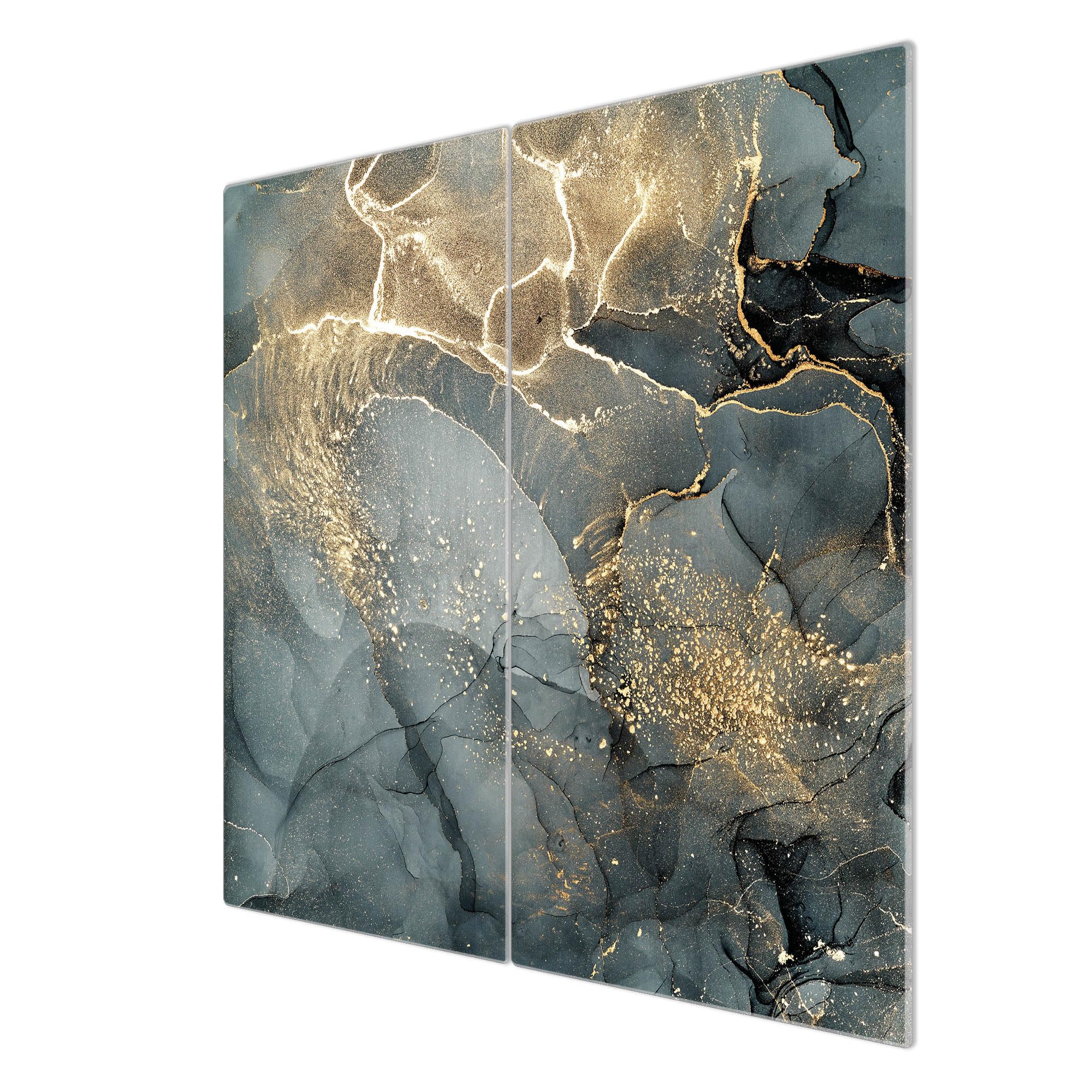 banjado Herdabdeckplatten Ceranfeld 2-teilig 60x52 cm, edle Glasplatte Herd als Schneidebrett Glas und Spritzschutz Küche, Motiv grauer Marmor mit Gold 1