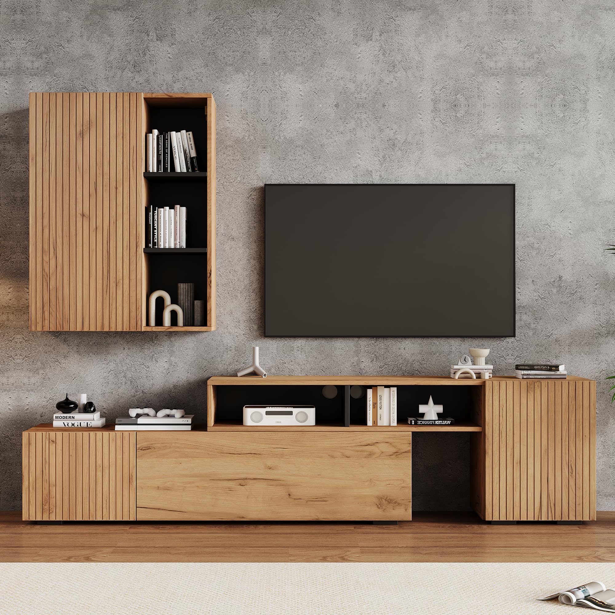 Merax TV Wall Unit Set with Display Cabinet, Adjustable TV Stand and Wall Mounted Storage Cabinet, Entertainment Centre for TVs up to 120 Inch, Modern Media Unit with Cable Management, Oak & Black