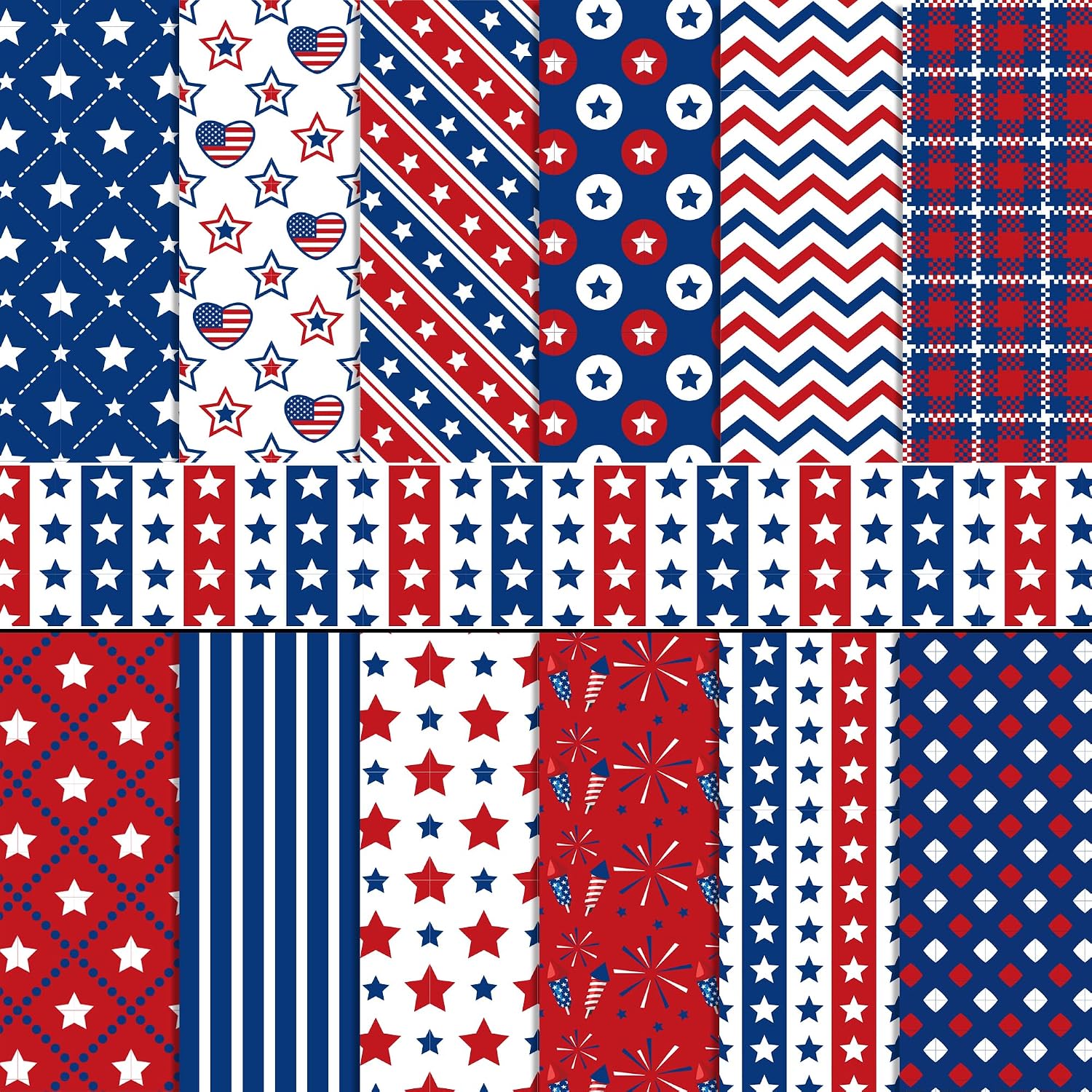 24 Sheets Patriotic American Flag Pattern Pad 12'' x 12'' American National Day Scrapbook Paper - Stars, Stripes, Fireworks Patterned Double-Sided Cardstock Paper for DIY Card Making Photo Decor