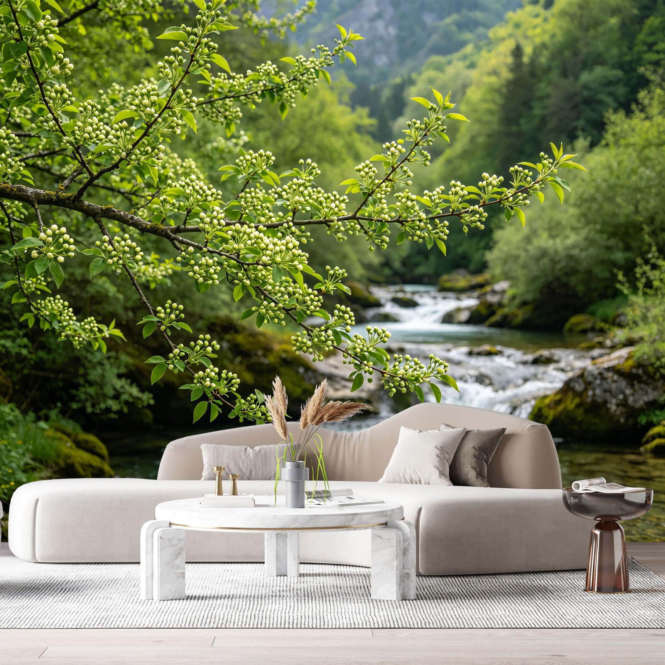 Custom Size Wall Murals Forest River Landscape Botanical Green Branches Flowing Water SelfAdhesive Wall Fabric Removable Large Wallpaper for Photo Living Room