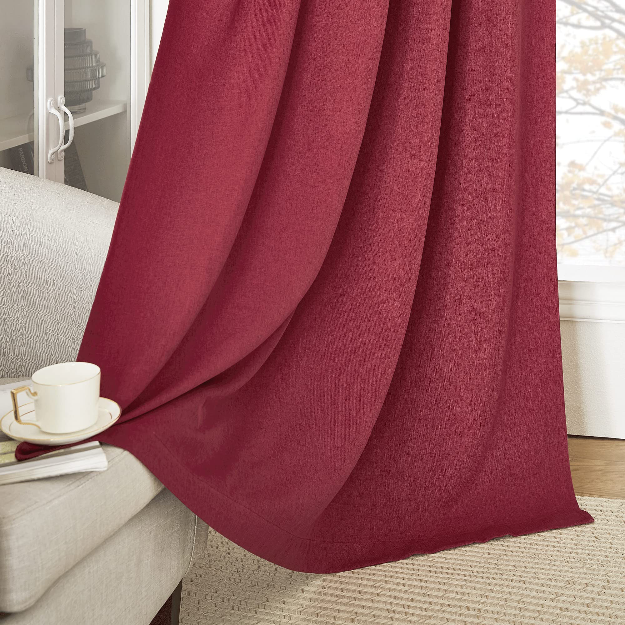 NICETOWN Flax Cotton Linen Curtains and Drapes, Grommet Casual Drapes Privacy Window Treatments Privacy for Bedroom/Home Office, Red, 1 Pair, W42 by L63