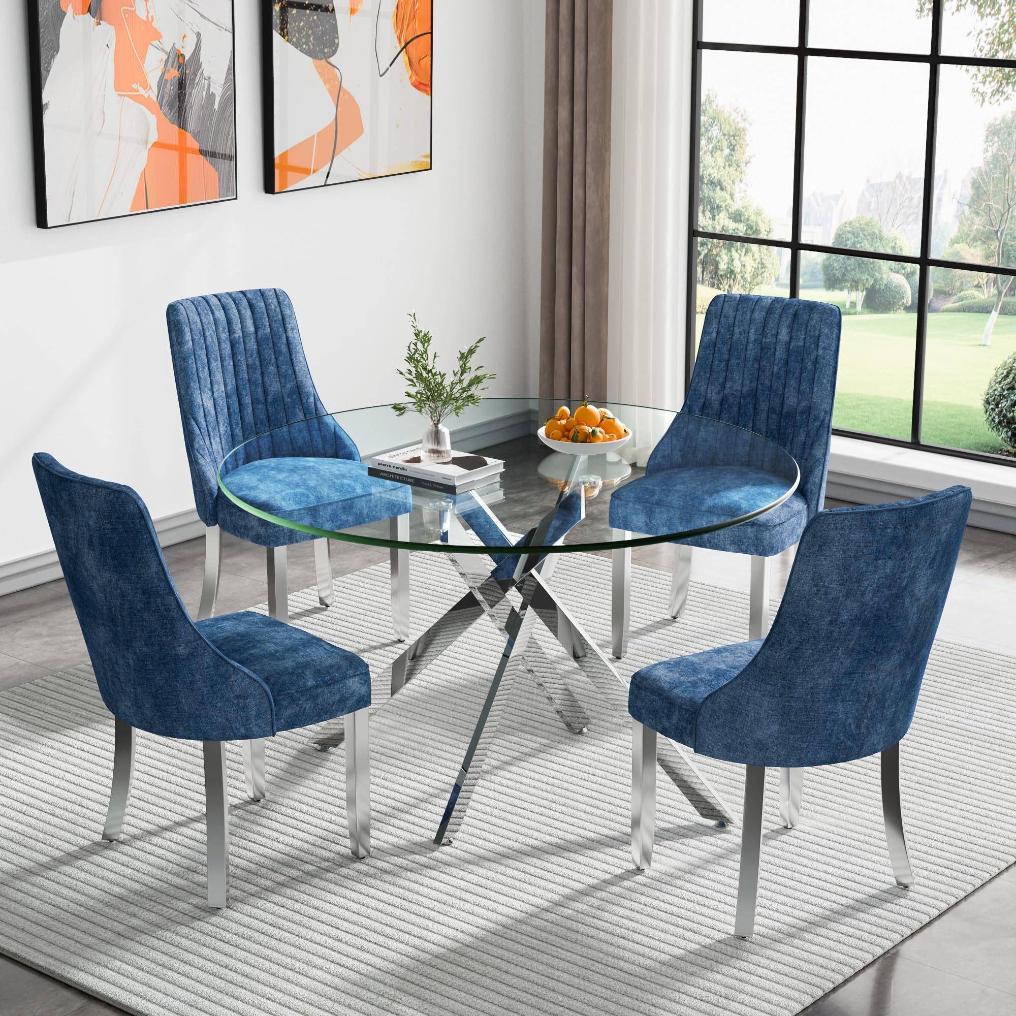 KUVADAZ 47" Modern Silver Glass Dining Room Table Set for 4, 5-Piece Round Kitchen Dining Table Set with Cross Chrome Metal Legs & 4 Blue Chenille