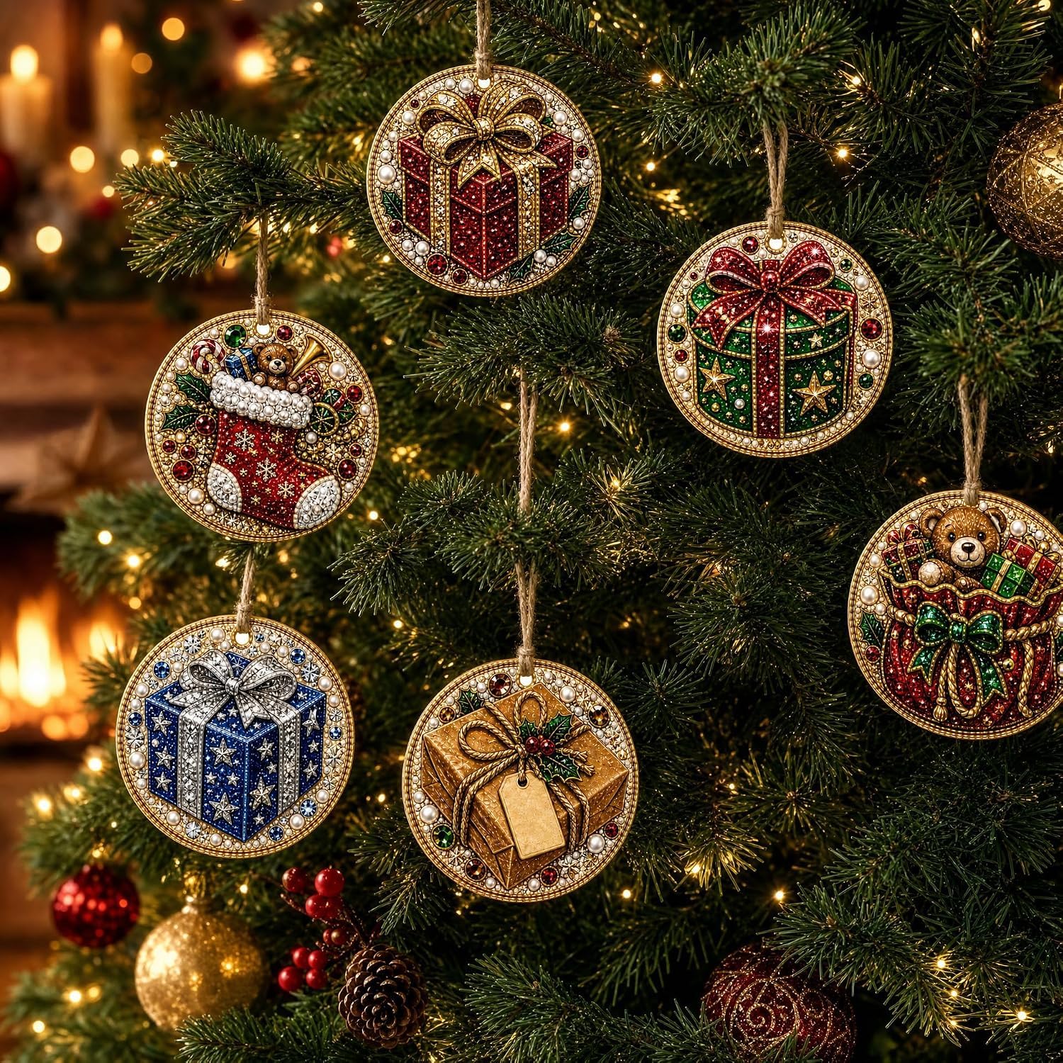 Alloyseed 6PCS Christmas Wooden 3D Pearl Diamond Painting Art Kit (#I)