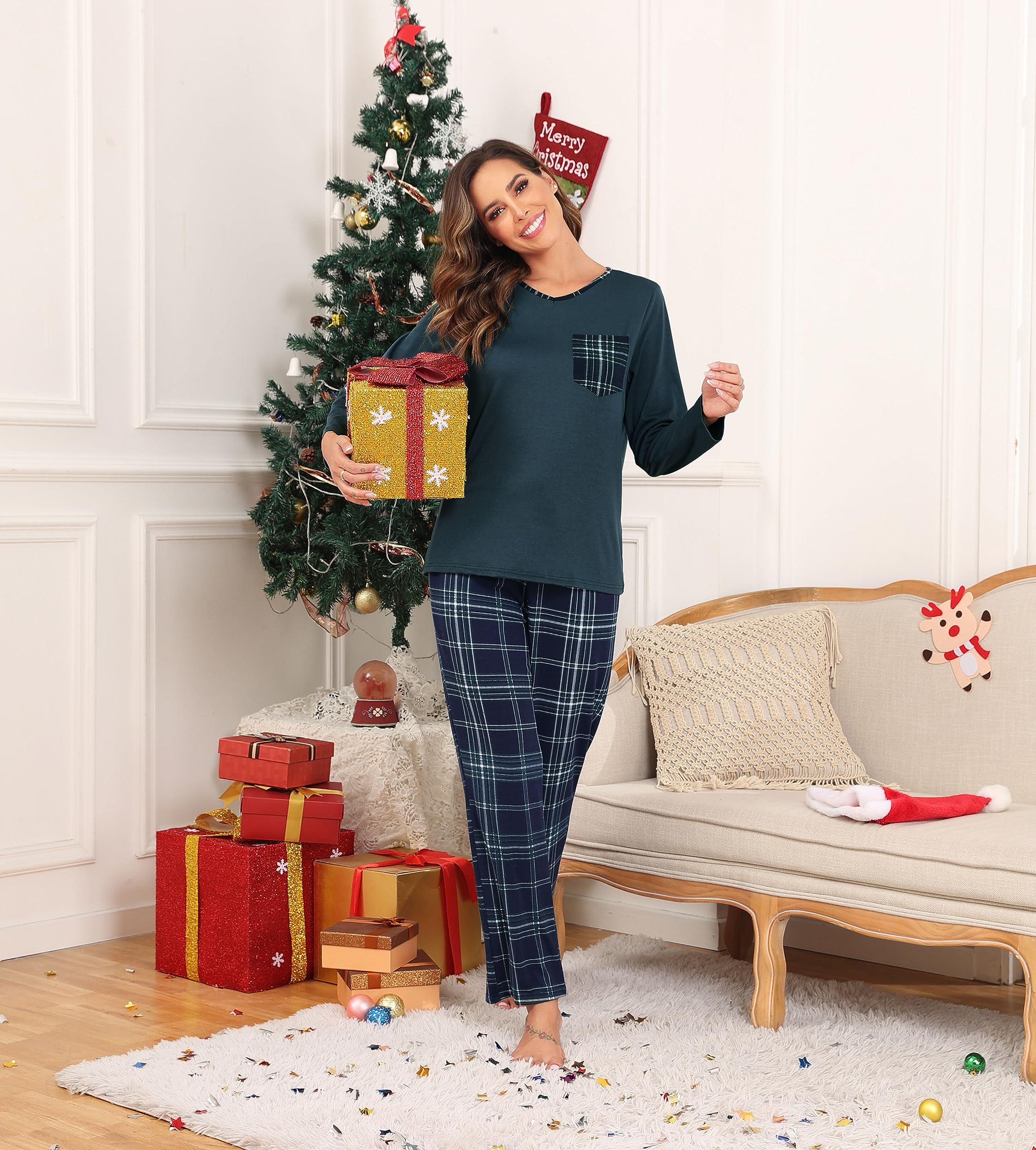 Lovasy Pigiama Donna Manica Lunga Pantaloni Lunghi Casual Scollo a V Top con Motivo a Pois Carino con Tasca Due Pezzi