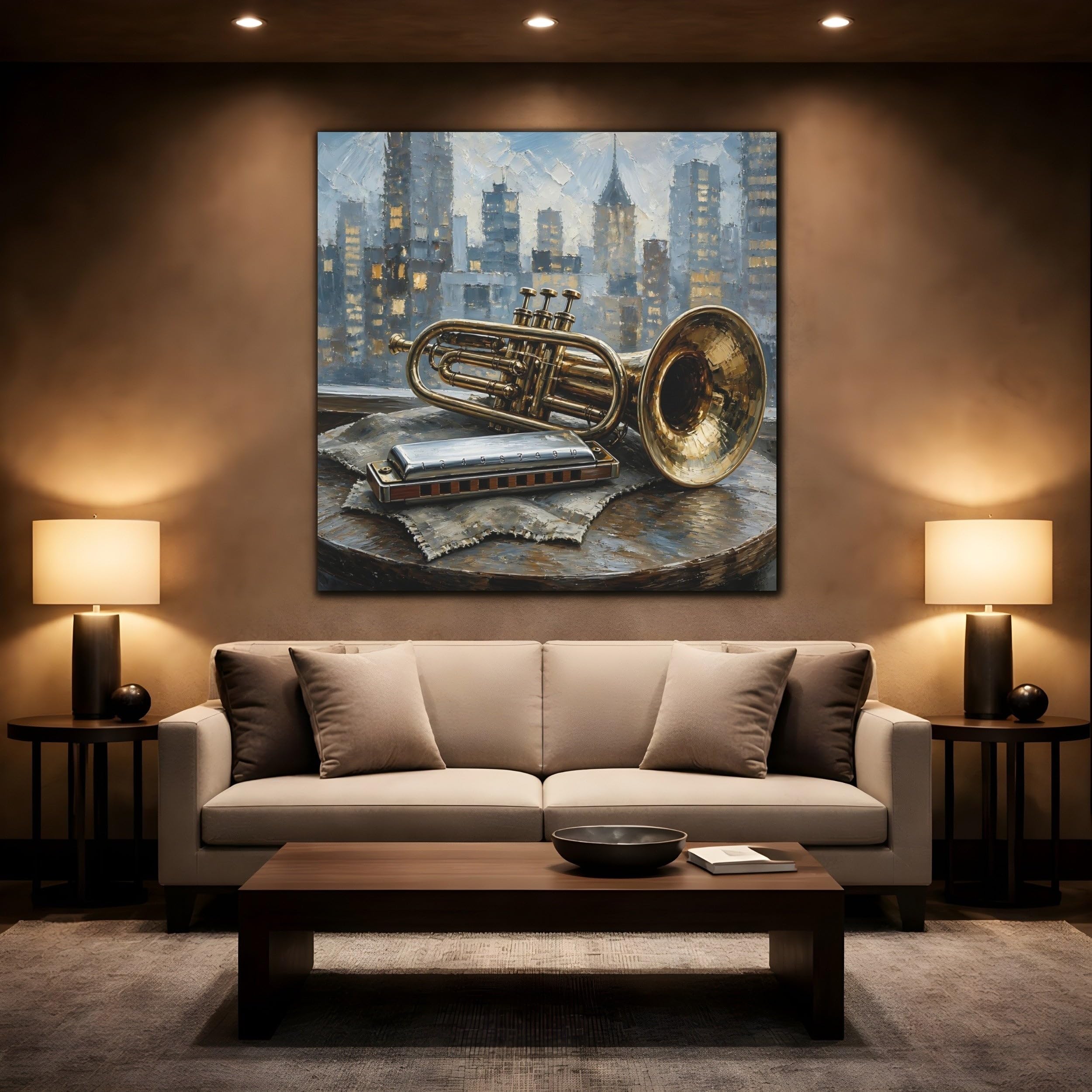 Vintage Trumpet Harmonica Gold And Blue Canvas Print – Living Room, Above Console Table 16×16 inch (40×40 cm) - Square / 1.25 inch (3 cm)