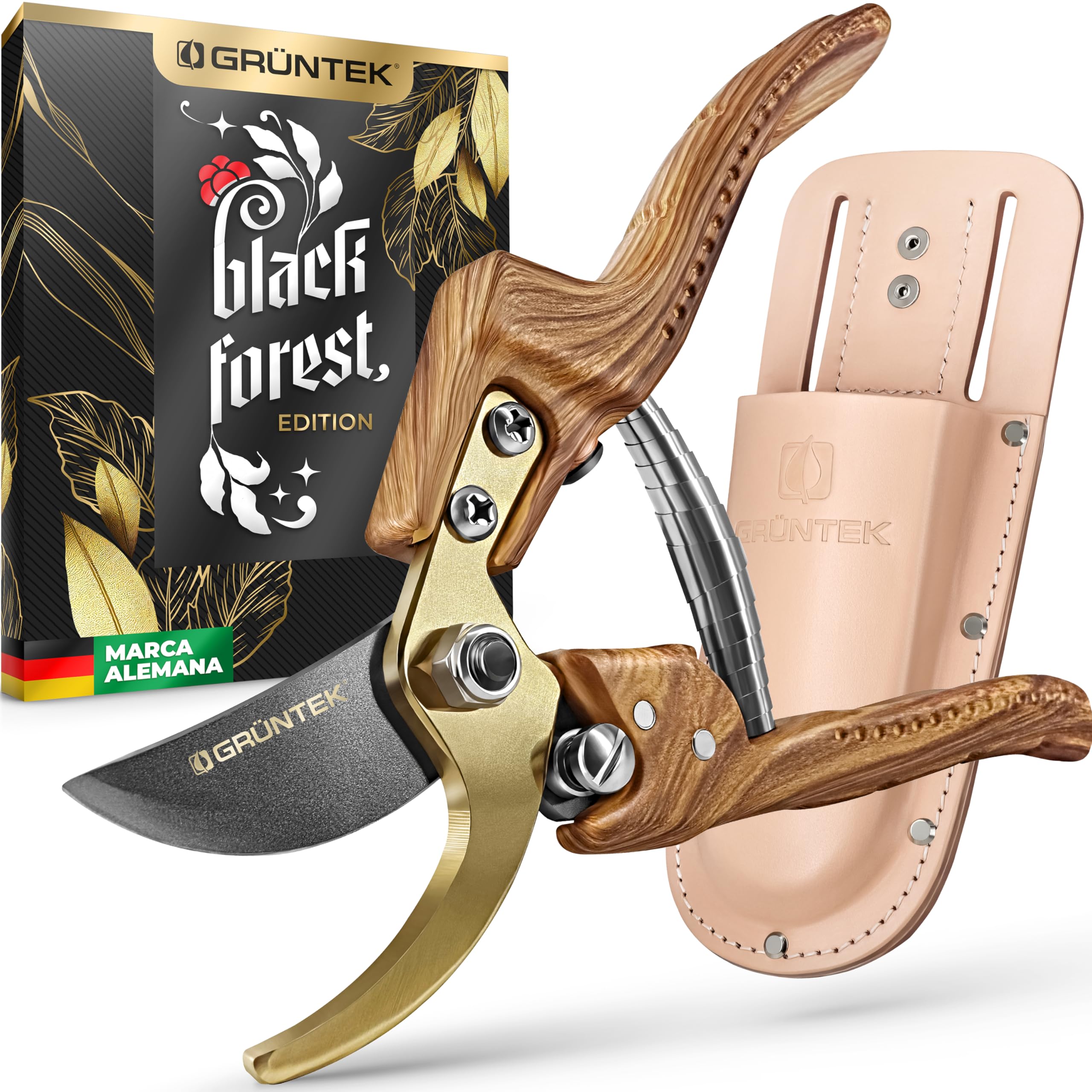 GRÜNTEK Tijera de Podar Profesional Premium Bypass 210 mm. Tijera de Jardín | Funda de Cuero - Hoja de Titanio SK5 Antiadherente - Mango Ergonómico de Madera