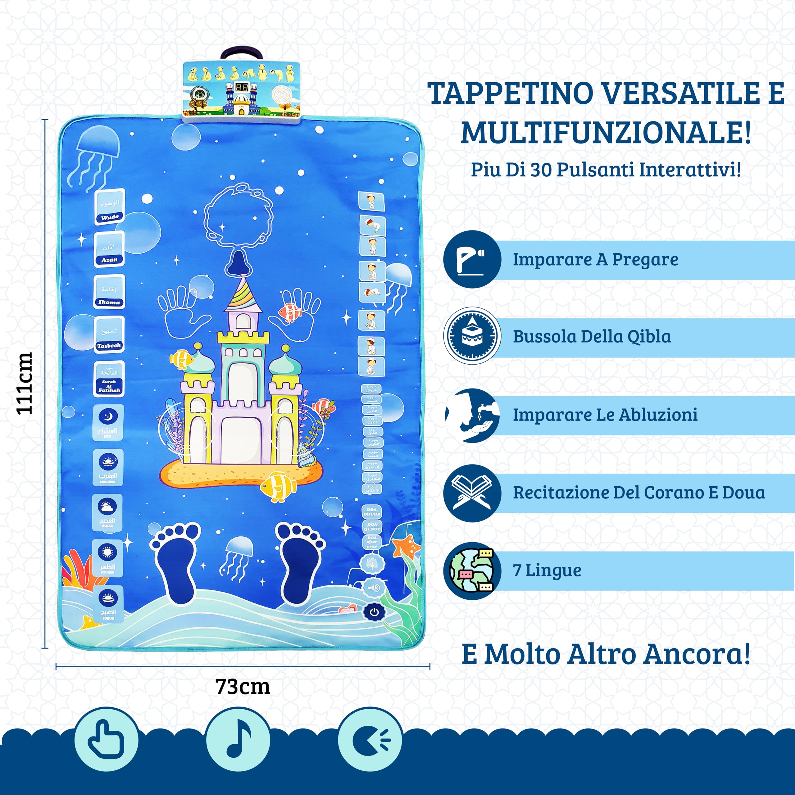 Tappeto da Preghiera Islamico Elettronico per Bambini – Tappeto per Preghiera Musulmana – Imparare a Pregare in Modo Divertente – Con Recitazione di Sura del Corano e Doua – Rosario per Tasbih Incluso