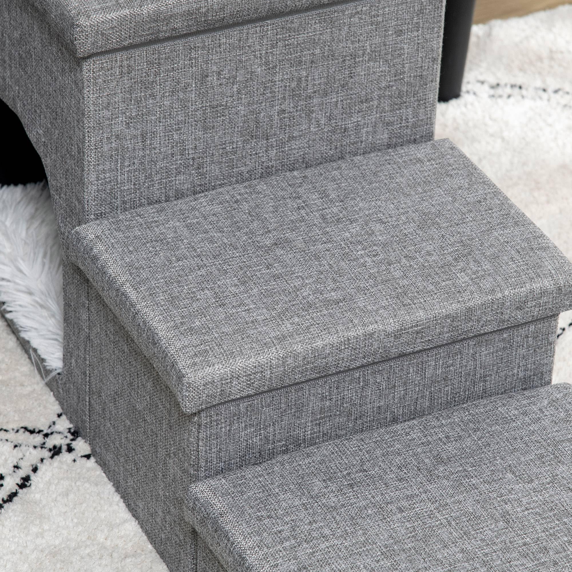 PawHut Scaletta per Cani e Gatti 10kg max a 3 Gradini con Casetta per Cani e Spazio Portaoggetti a Scomparsa, 73.5x33x40.5 cm, Grigio
