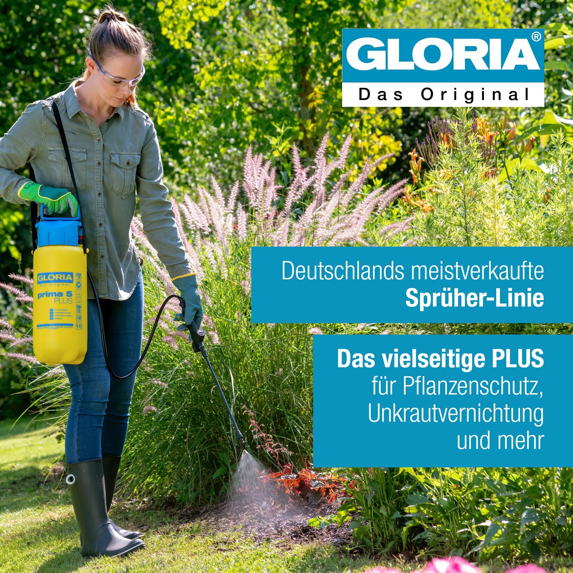 GLORIA Prima 5 PLUS Opryskiwacz ciśnieniowy, ogrodowy, do natryskiwania środków kwasowych, kwasoodporność, pojemność napełniania 5 l,lanca przedłużająca 0,4 m