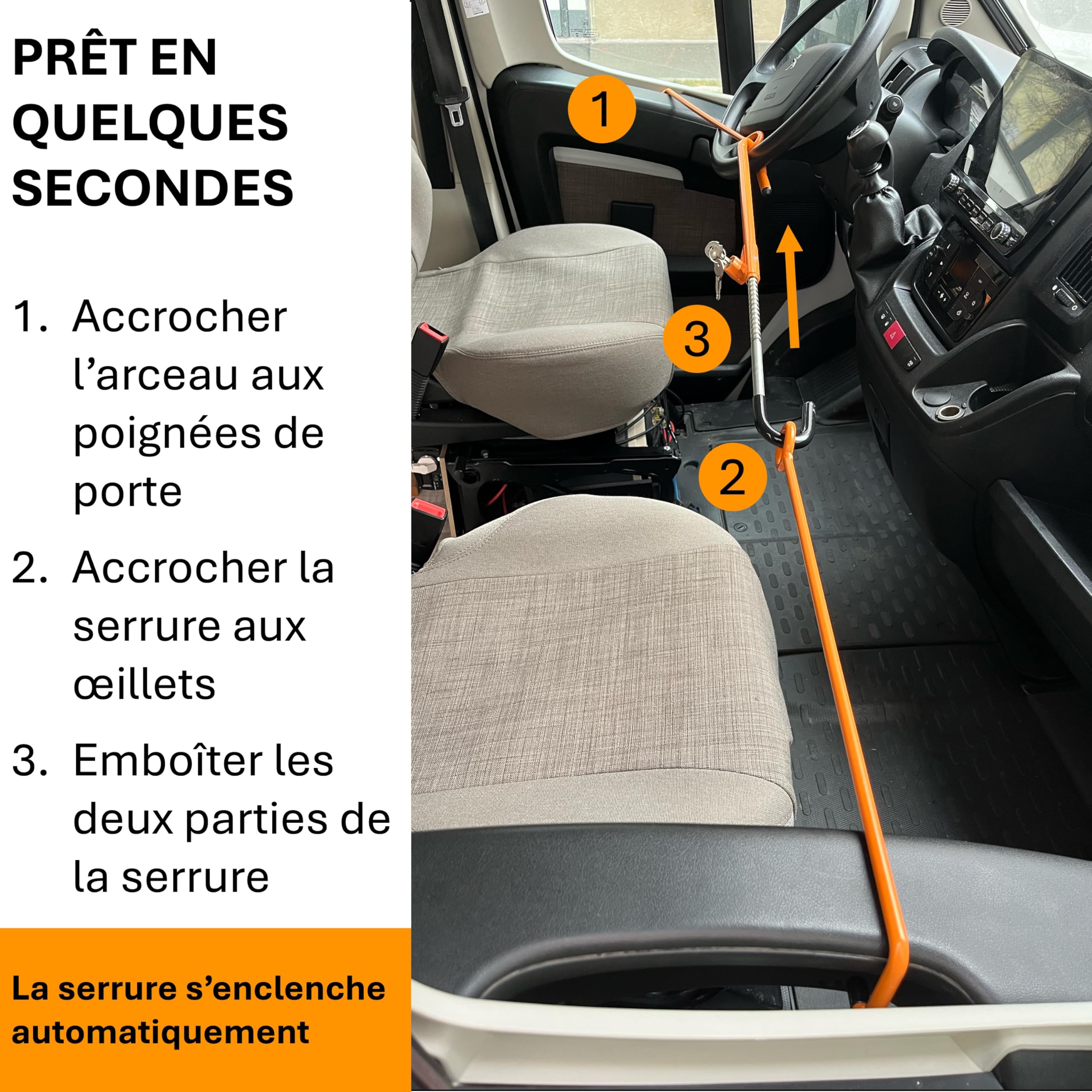 Sécurité de porte pour camping-car avec blocage du volant - Protection anti-effraction en acier pour Fiat Ducato, Jumper, Boxer, VW T5/T6, Sprinter - Envergure 150 à 180 cm avec sac