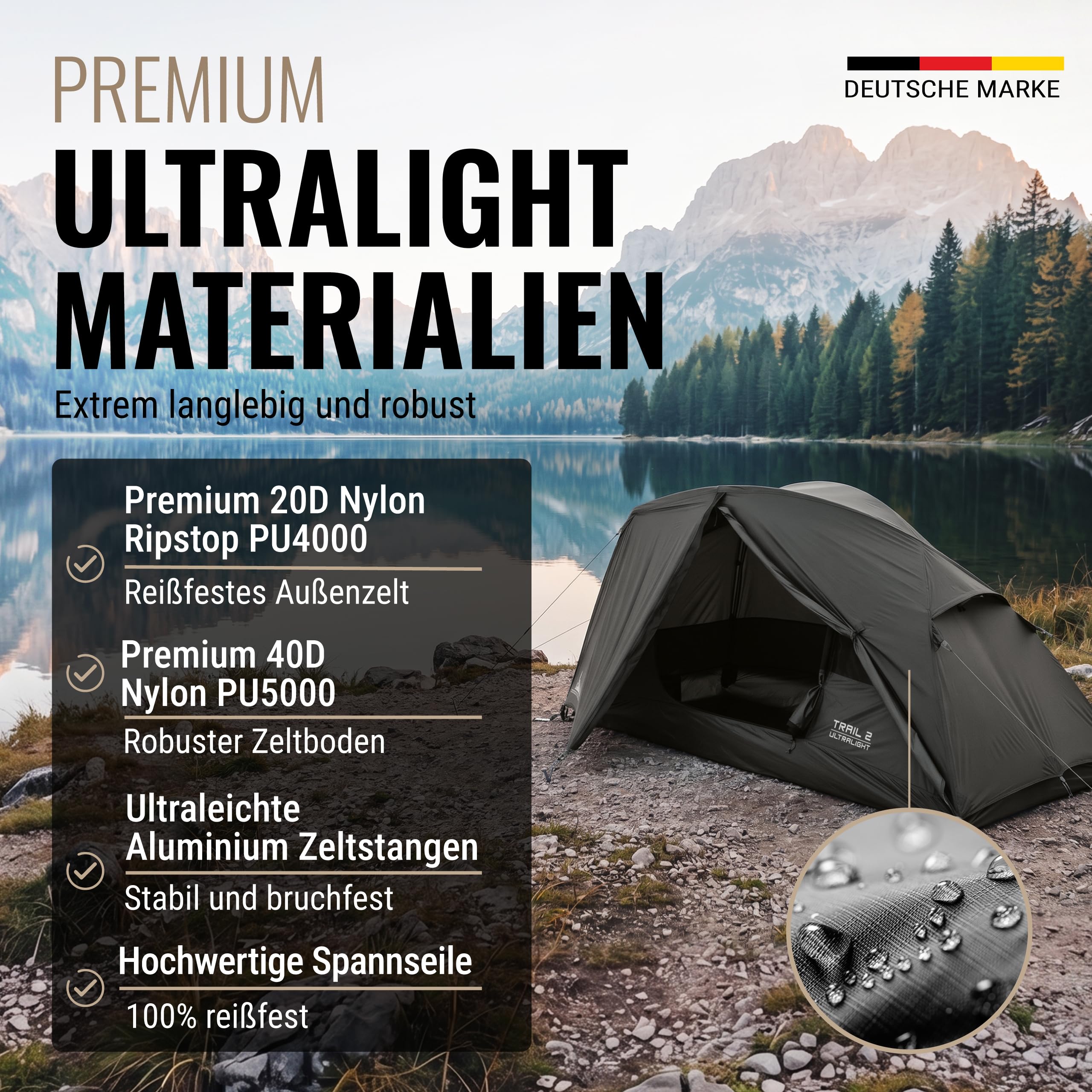 WANDERFALKE® Trail namiot dla 1-2 osób, ultralekki, mały rozmiar po złożeniu, wodoszczelny 4000 mm, lekki namiot dla 1-2 osób, namiot trekkingowy, ultralekki, lekki namiot outdoorowy na kemping