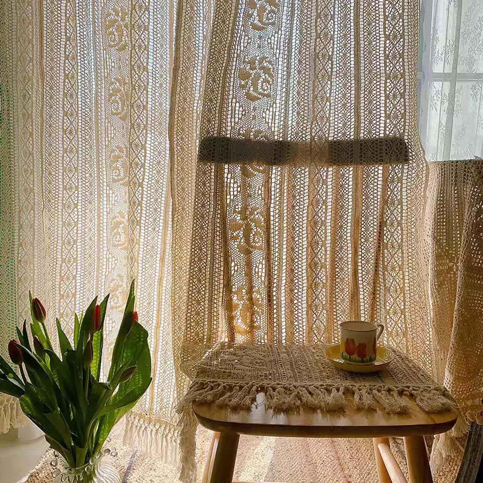 Rideau Au Crochet Boho Chic avec Glands, Rideau en Dentelle Brodée Florale de Ferme pour Chambre à Coucher et Salon, 1 Panneau
