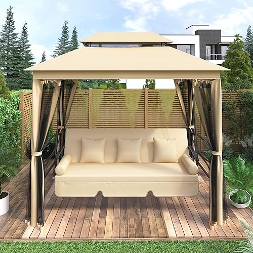 Miniatura 3 de Gazebo columpio de 3 asientos para patio al aire libre con mosquitera, toldo de doble techo con 3 almohadas para césped, patio, jardín, patio