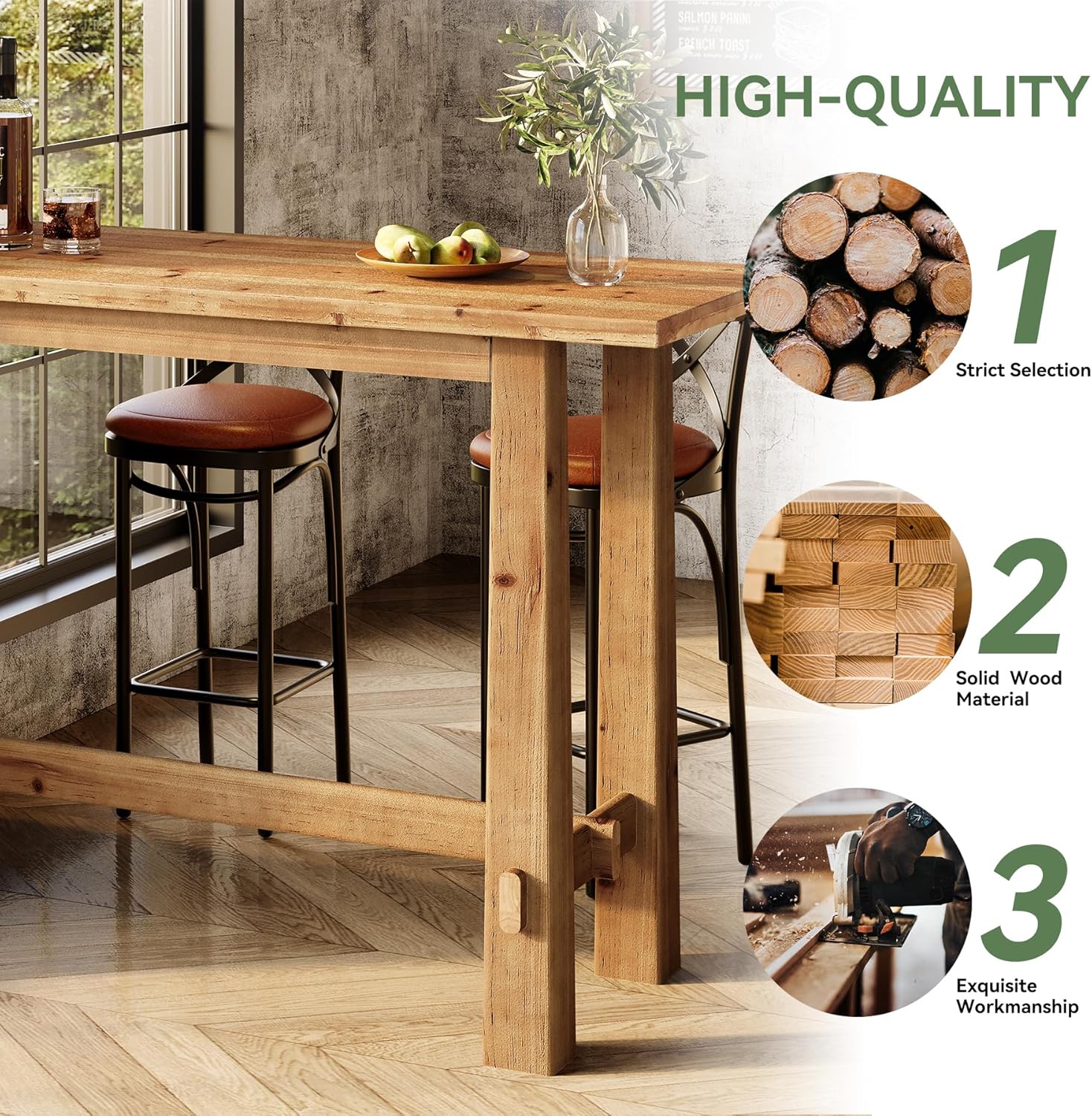 Solid Wood Dining Table, 63" Long Bar Height Commercial Pub Table with Footrest, High Top Furniture for Kitchen, Café or Restaurant, Patio, Bakery (Only Table)