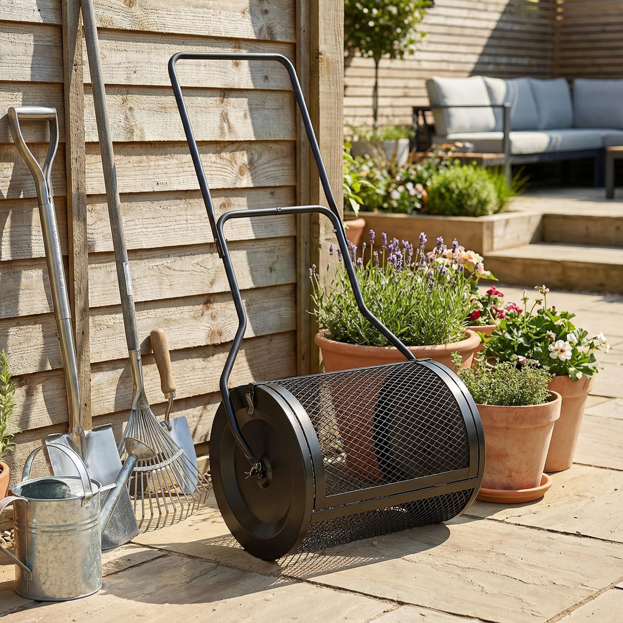 Outsunny Esparcidor de compost y turba 20" cesta malla metálica Negro | Mango en U desmontable de 34/80 cm, para siembra y esparcimiento de estiércol