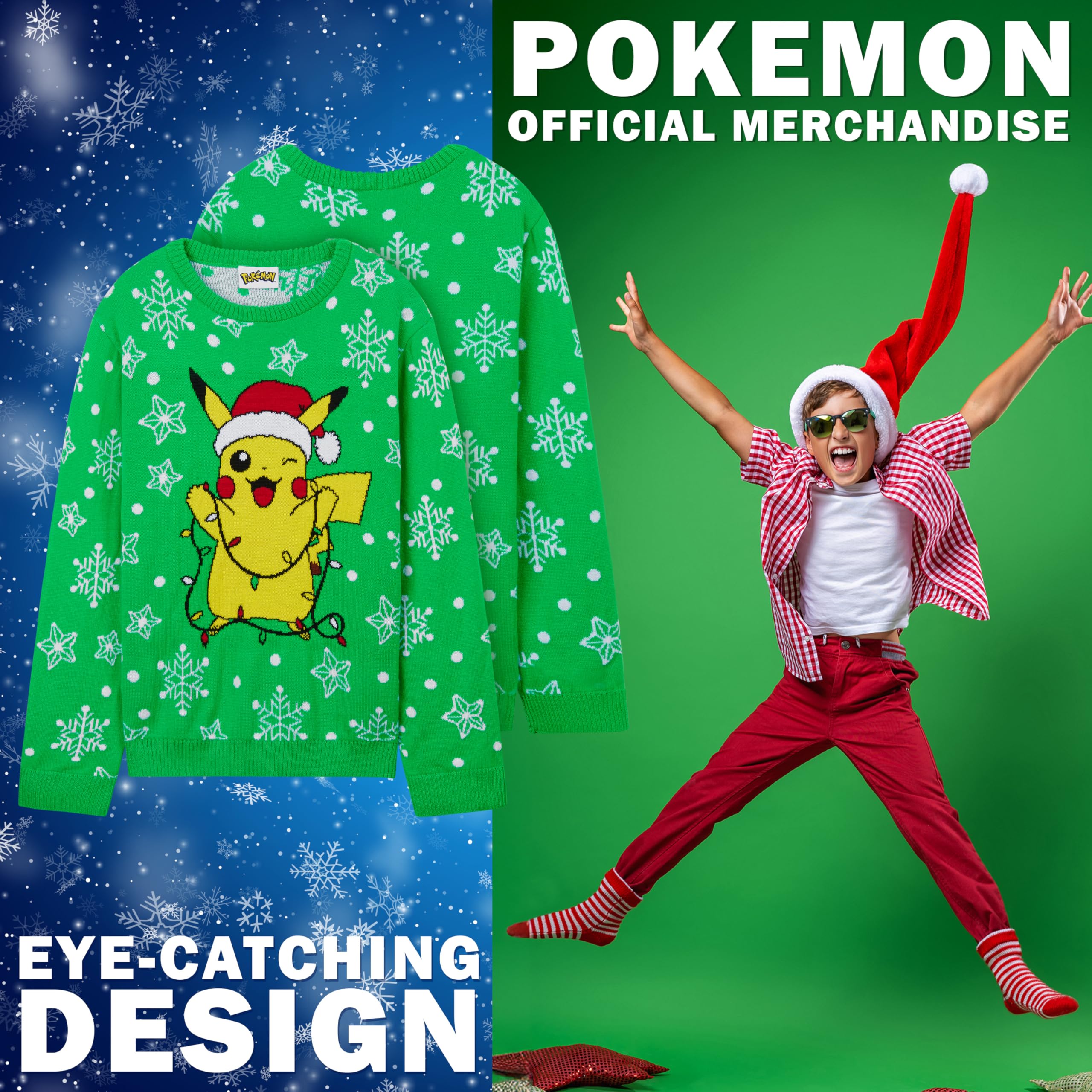 Pokémon Jersey de Navidad Suéter de Punto Cuello Redondo para Niños Adolescentes