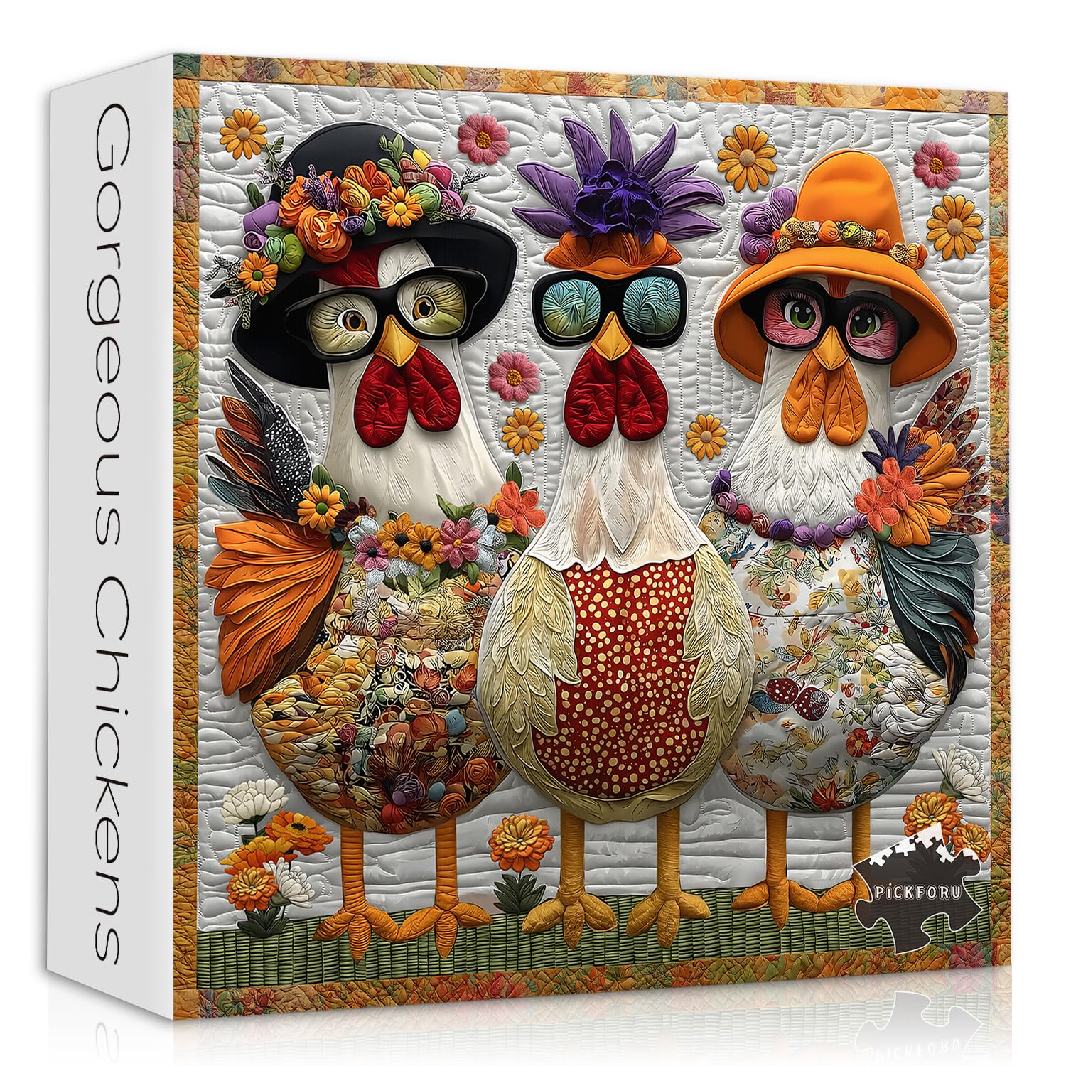 Funny Chicken Puzzles for Adults 1000 Piece,Rooster Flower Patchwork Art Quilt Puzzles,Co…