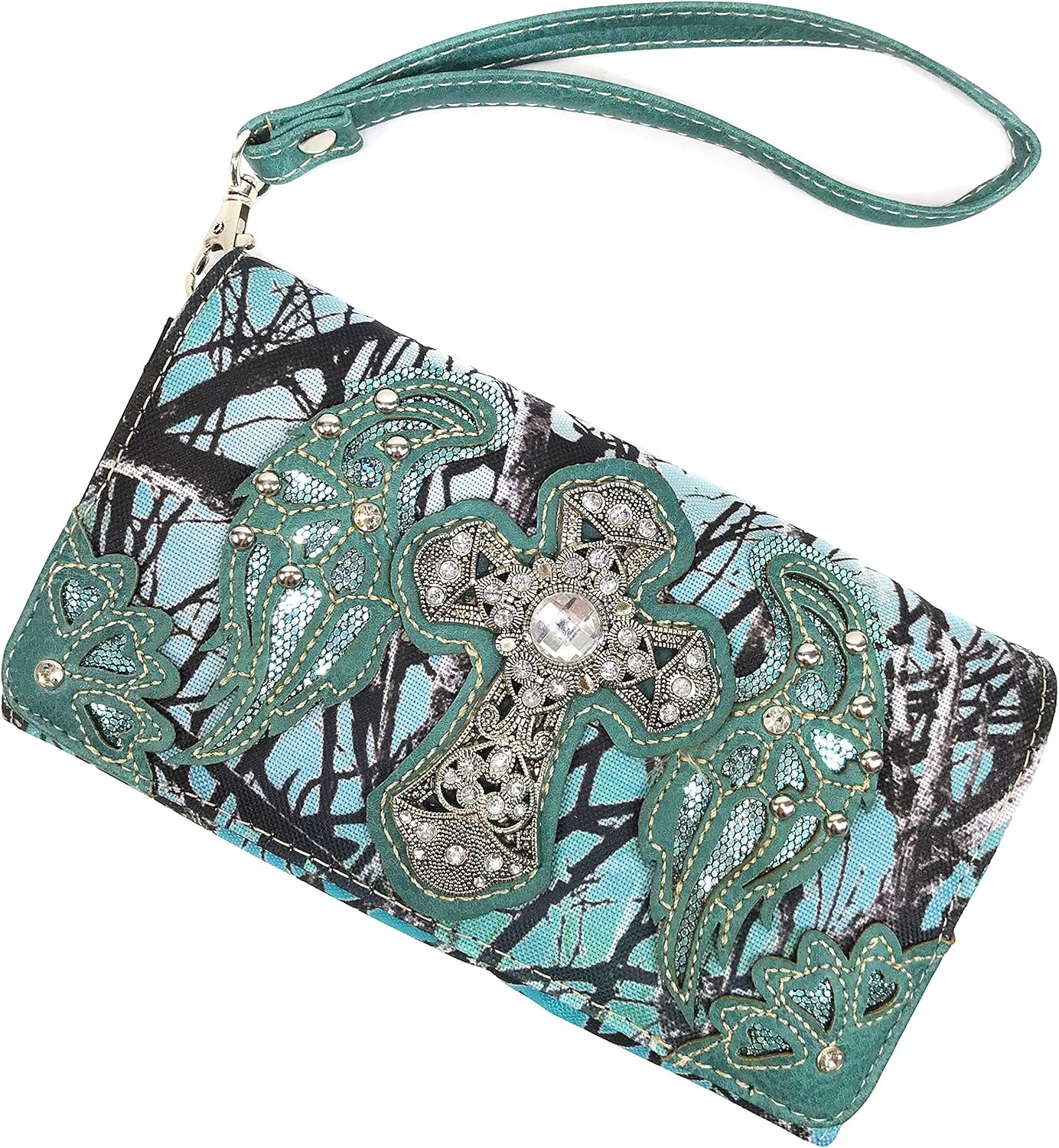 Zelris Camouflage Shine Glow Cross Wings Women Crossbody Trifold Wallet Teal