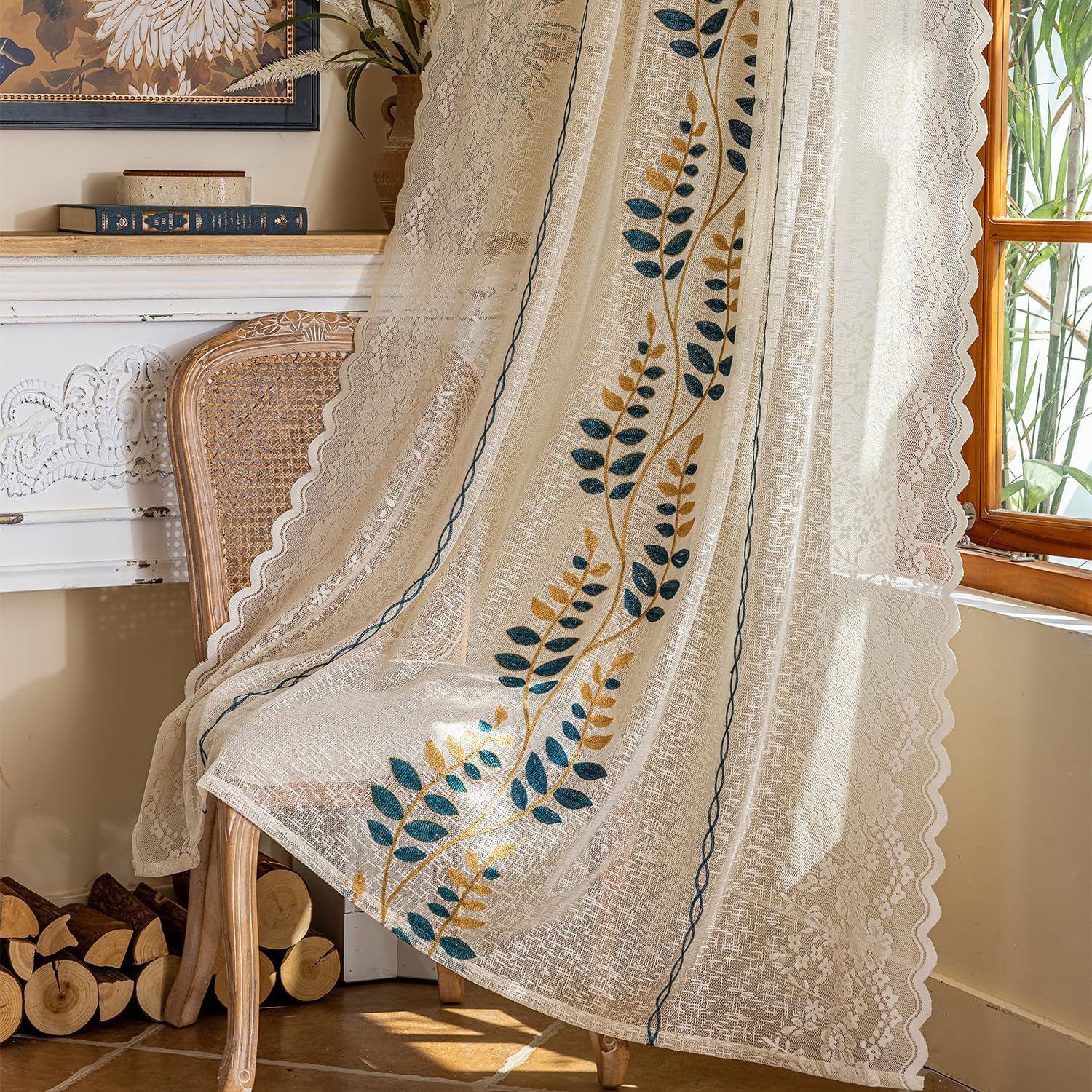 vctops Lace Window Curtain Farmhouse Rustic Floral Embroidered Sheer Curtain Rod Pocket Light Filtering Window Treatment Drapes for Bedroom Living Room Decor, 1 Panel (Floral, 55"x88")
