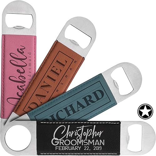 Groomsmen Regalos, abrebotellas personalizado  10 diseños, negro  abrebotellas de acero inoxidable con borde de cuero personalizado para Groomsman