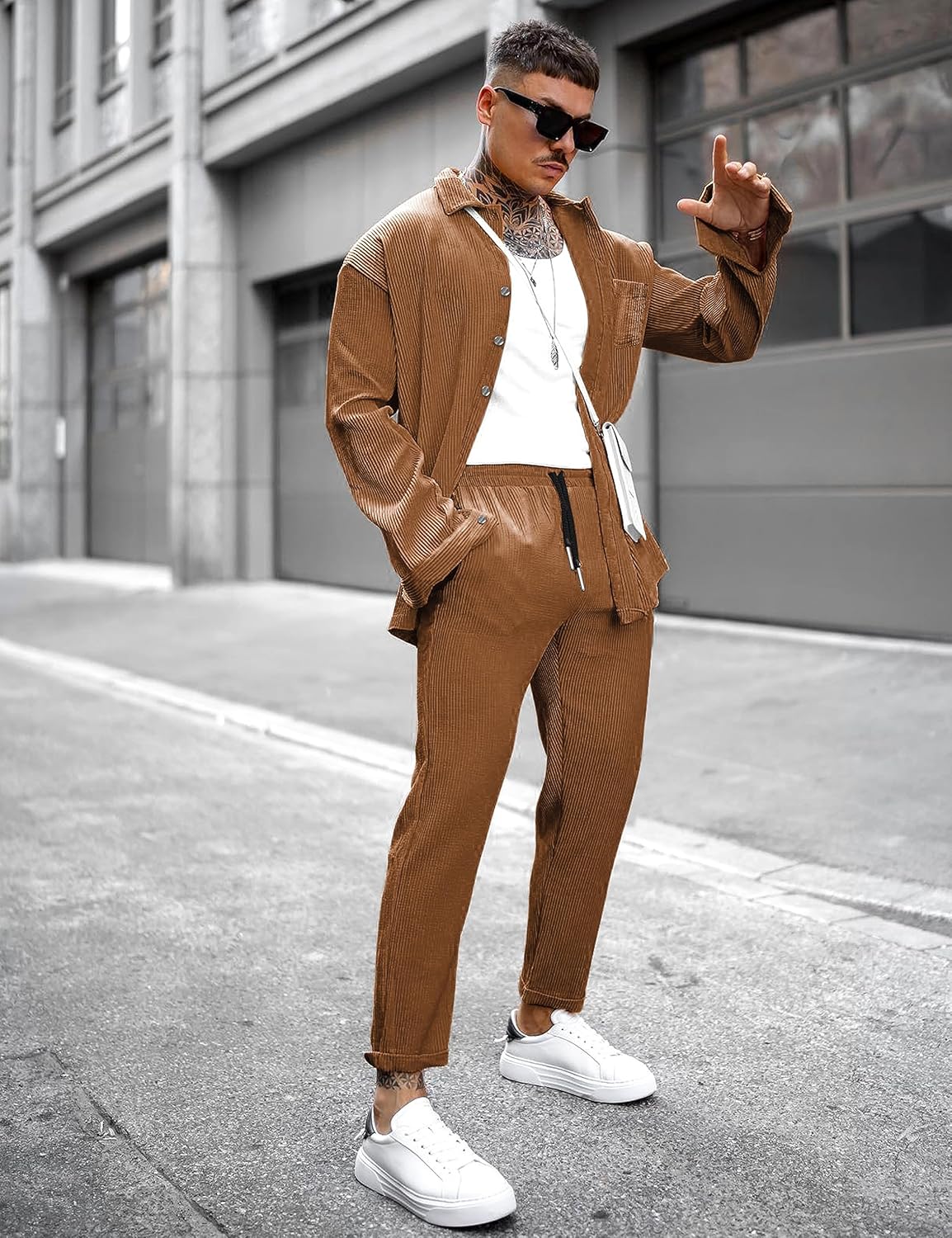 LecGee Men's 2 Piece Corduroy Shacket and Pants Outfits Long Sleeve Causal Autumn Winter Jacket Tracksuit Overshirt Set - Image 3