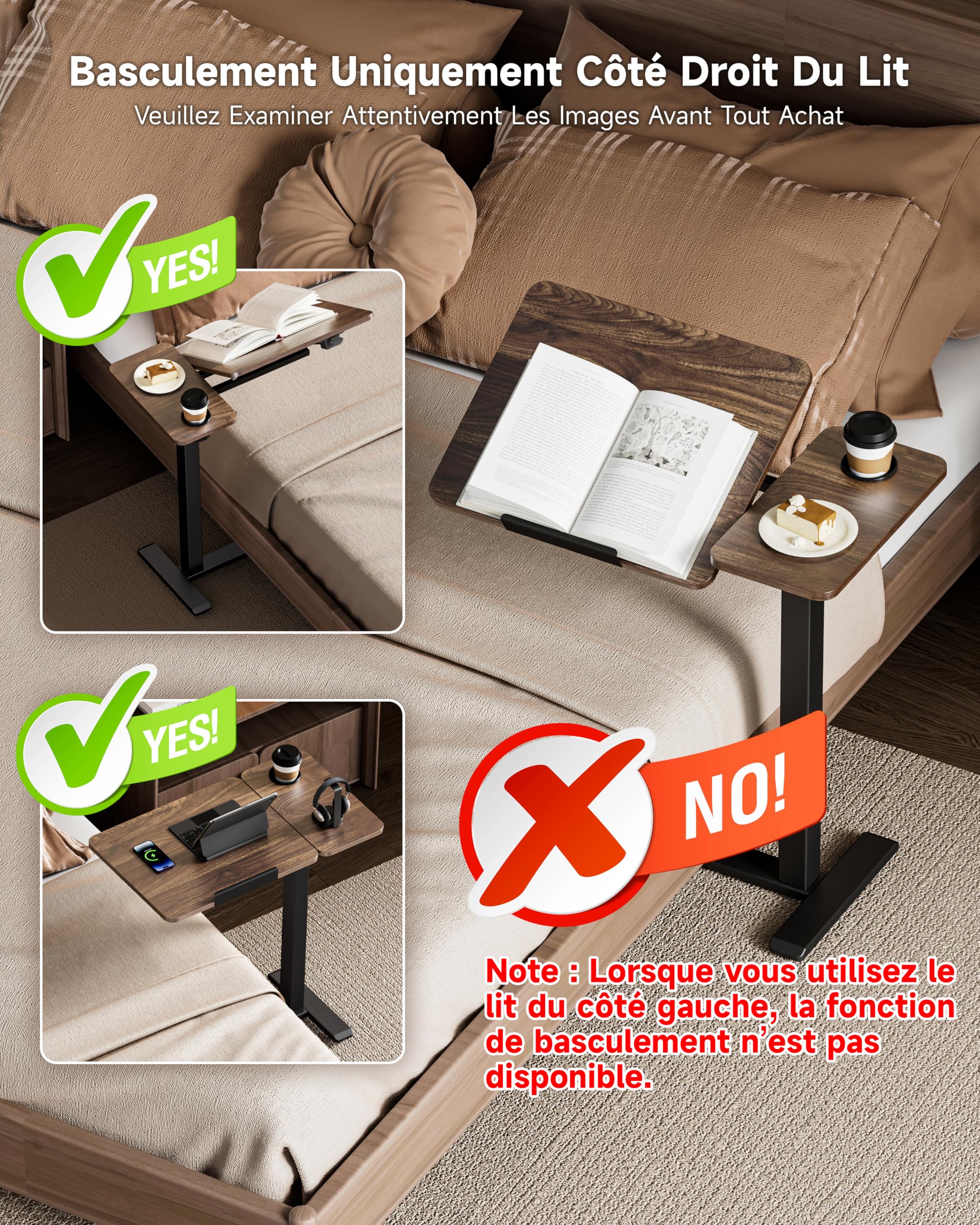 BIZUM Table de lit mobile pneumatique à hauteur réglable, plateau inclinable, roulettes escamotables, table médicale 70x40 cm, idéale pour soins, lecture et télétravail, Noyer
