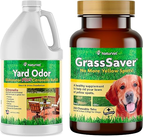 NaturVet GrassSaver - Paquete de recambio de 250 unidades y eliminador de olores para patio más citronela de 64 onzas | Mantén la hierba verde,
