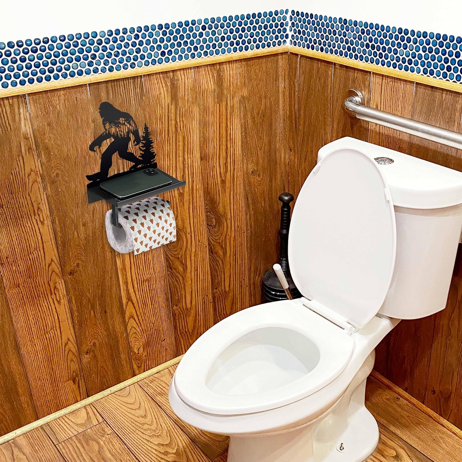 Ecqizer Bigfoot Sasquatch Metal Toilet Paper Holder with Shelf, Bigfoot Inspired Design Gifts Rustic Toilet Paper Holder for a Unique Farmhouse and Cabin Bathroom Decor, Sasquatch Gifts (Matte Black) - Image 2