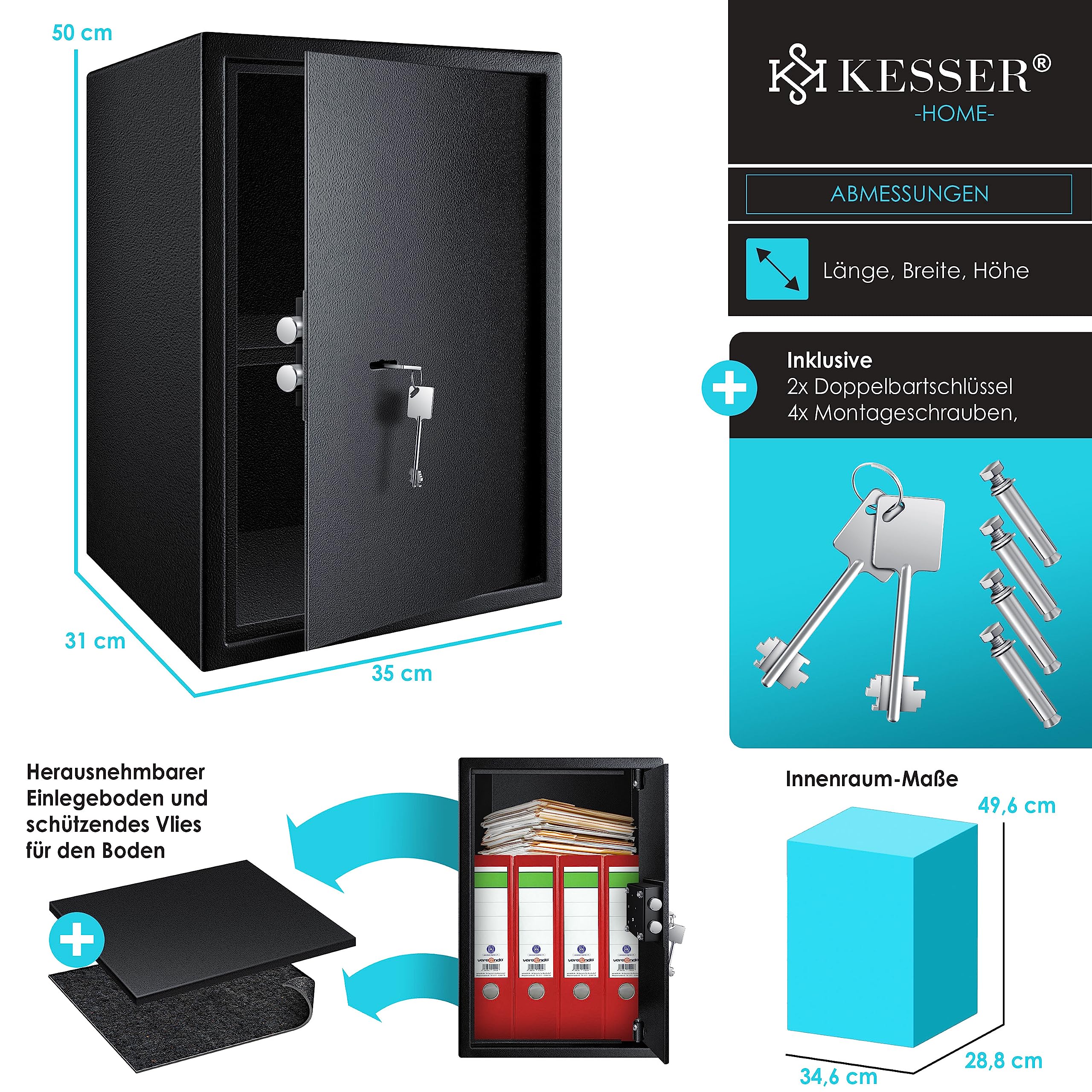 KESSER® Tresor Möbeltresor mit Doppelbartschloss, Safe Geldschrank Boden-Wandtresor Wandsafe 50x35x31cm ink. 2 x Schlüssel & Befestigungsschrauben, Schwarz