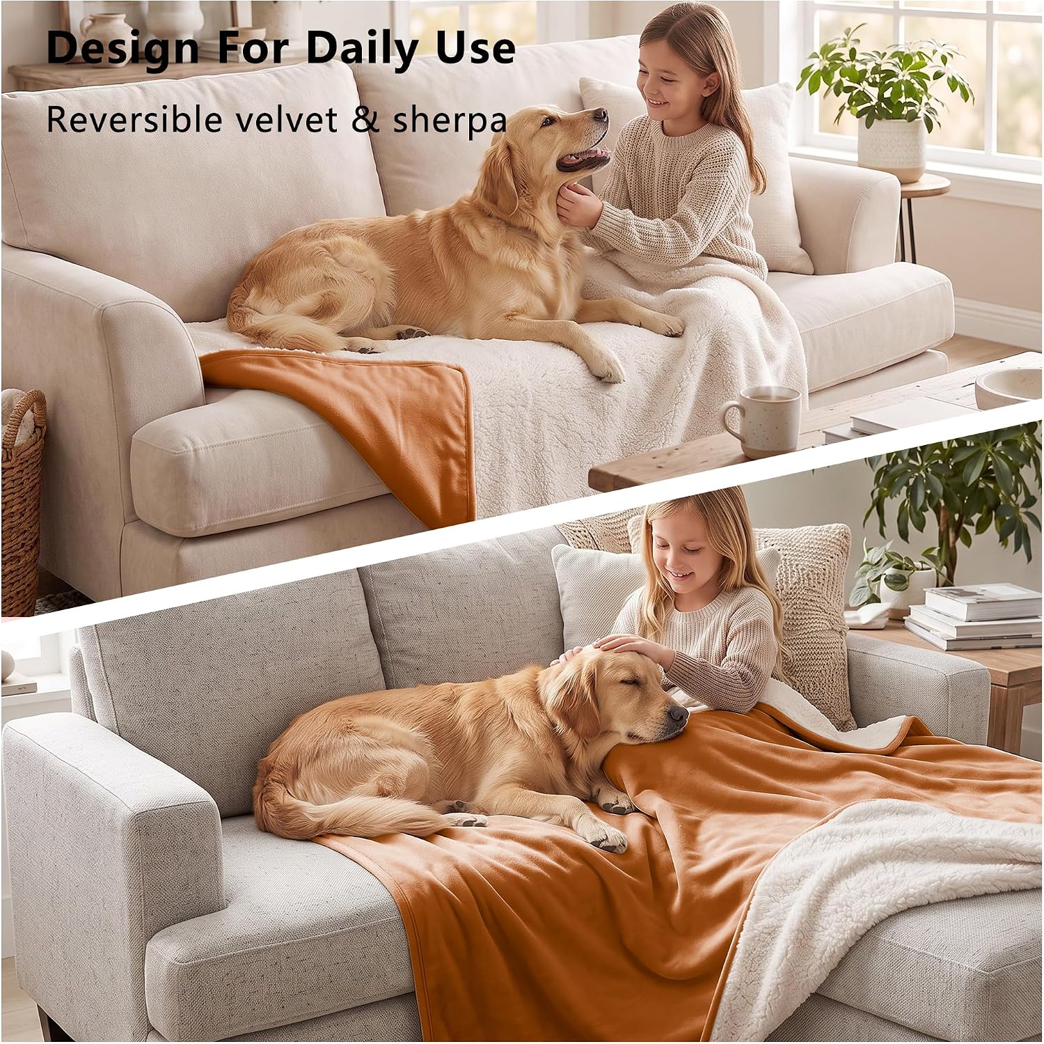 Waterproof Blanket for Bed - Dog Throw as Furniture Protector | Cozy Sherpa & Smooth Velvet, Reversible and Machine Washable, for Couch and bed, 86"x108", Orange