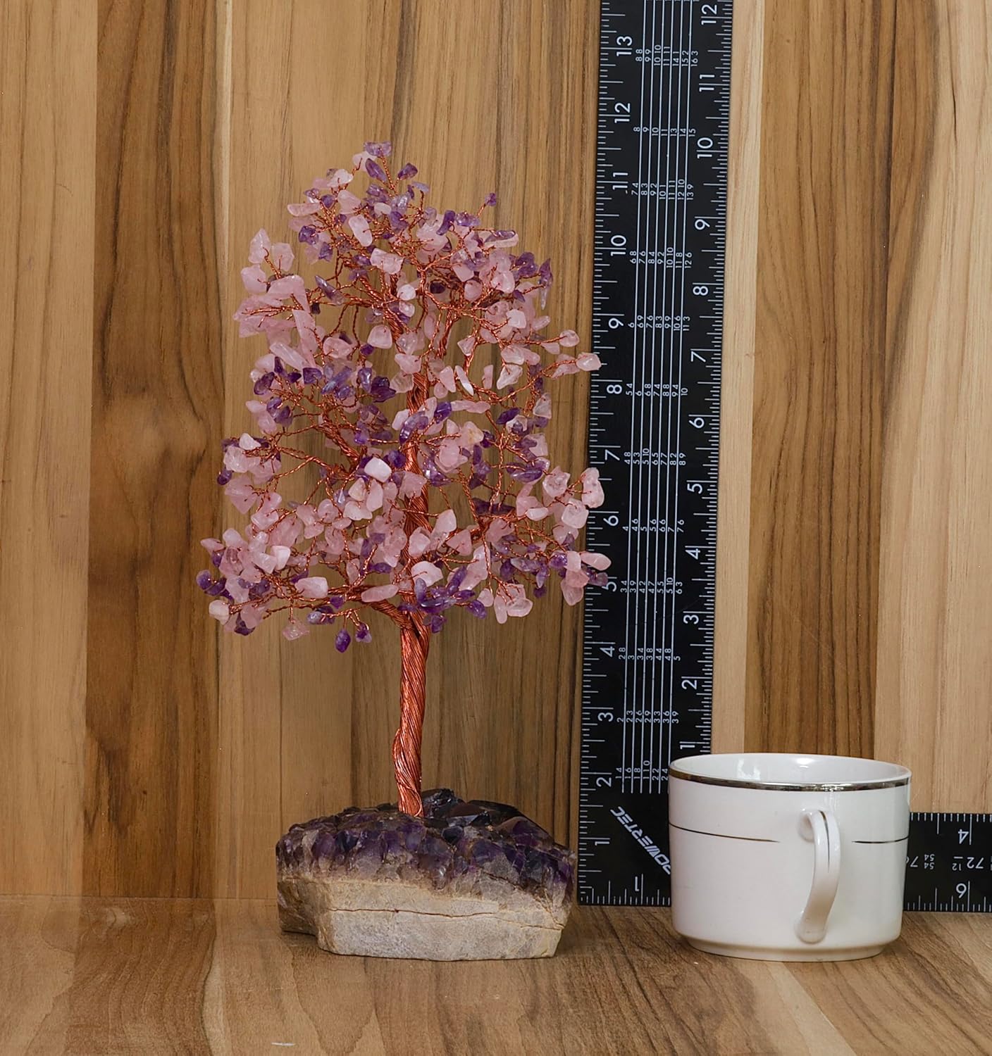 Amethyst and Rose Quartz Tree of Life, Set on Amethyst Cluster Base, February Birthstone. Feng Shui, Bonsai Tree (500 Chips- 11 Inches)