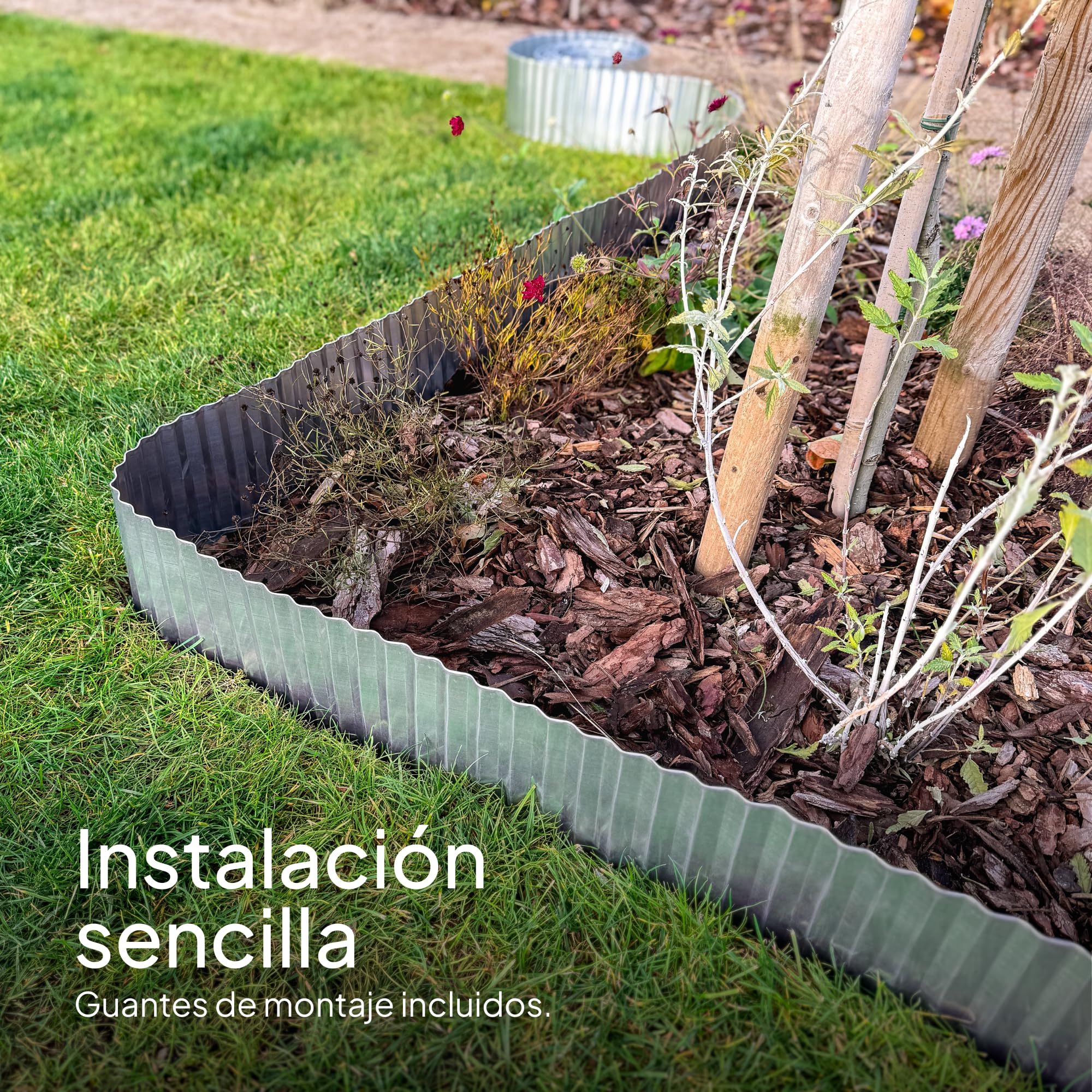 UNIGARDIA Bordura Galvanizada de 12 m - Borduras Jardín Metálicas de 15 cm de Altura - Fácil de Instalar - Separador Jardín Exterior Ondulado - Inoxidable y Duradero, Incluye 1 Par de Guantes