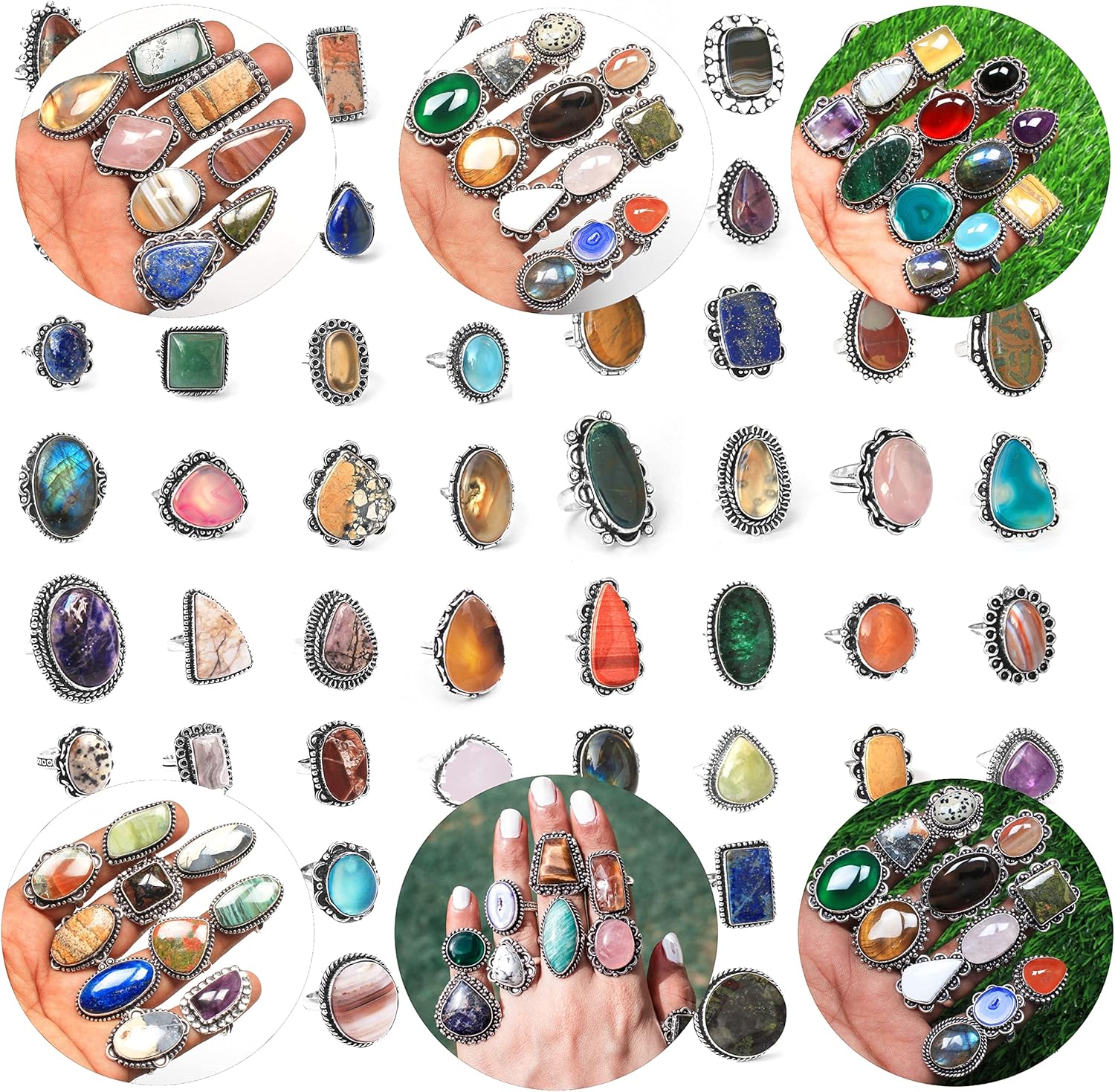 Chunky Silver Rings Pack for Women - 20 Pcs - Stackable Fashion Ring Set, Silver Plated Statement Knuckle Handmade Gemstone Gothic Vintage Rings for Women