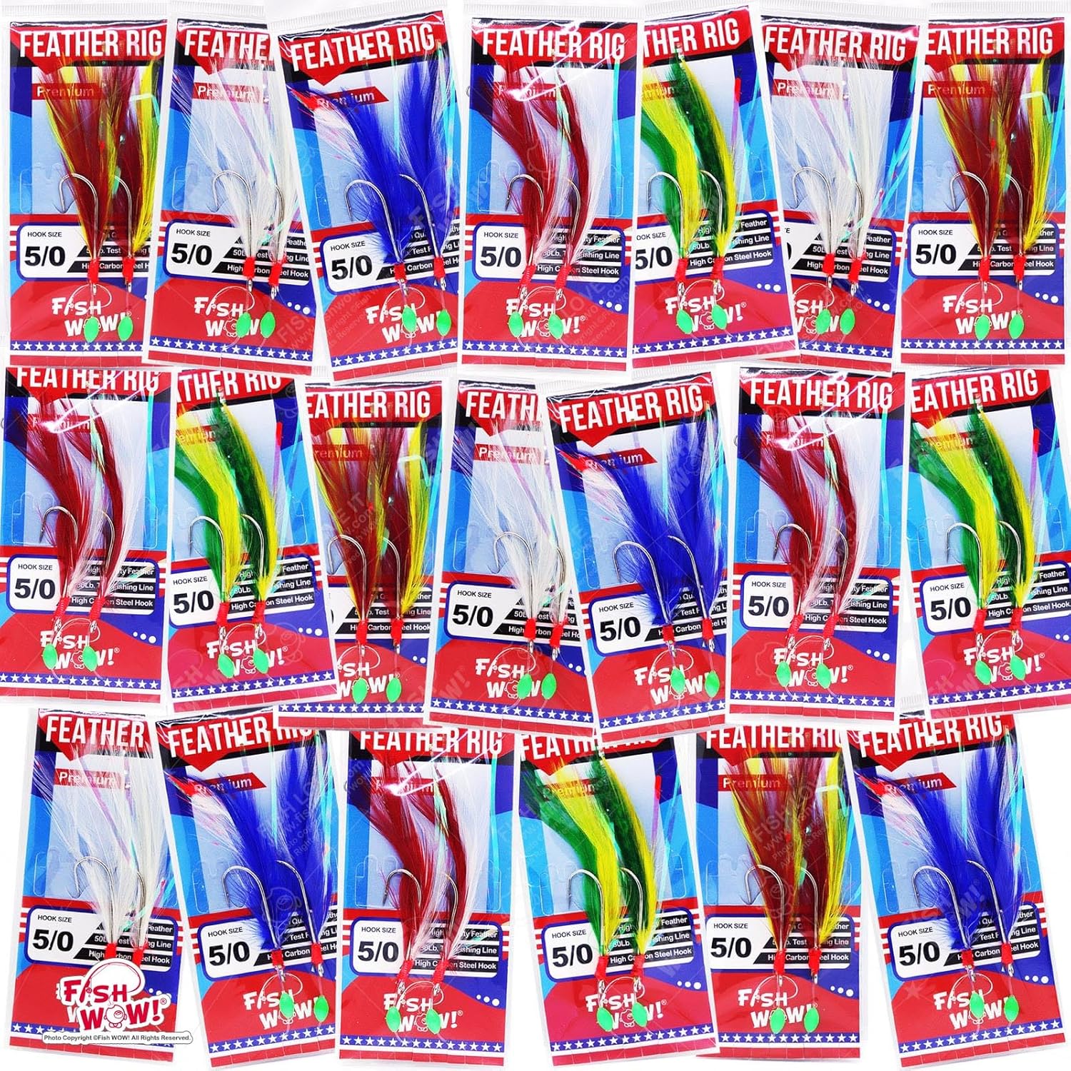 20 Packs Fish WOW!® Fishing Feather Rig Rockfish Rock Cod Rig 5/0 Hooks - Mix Assorted Colors