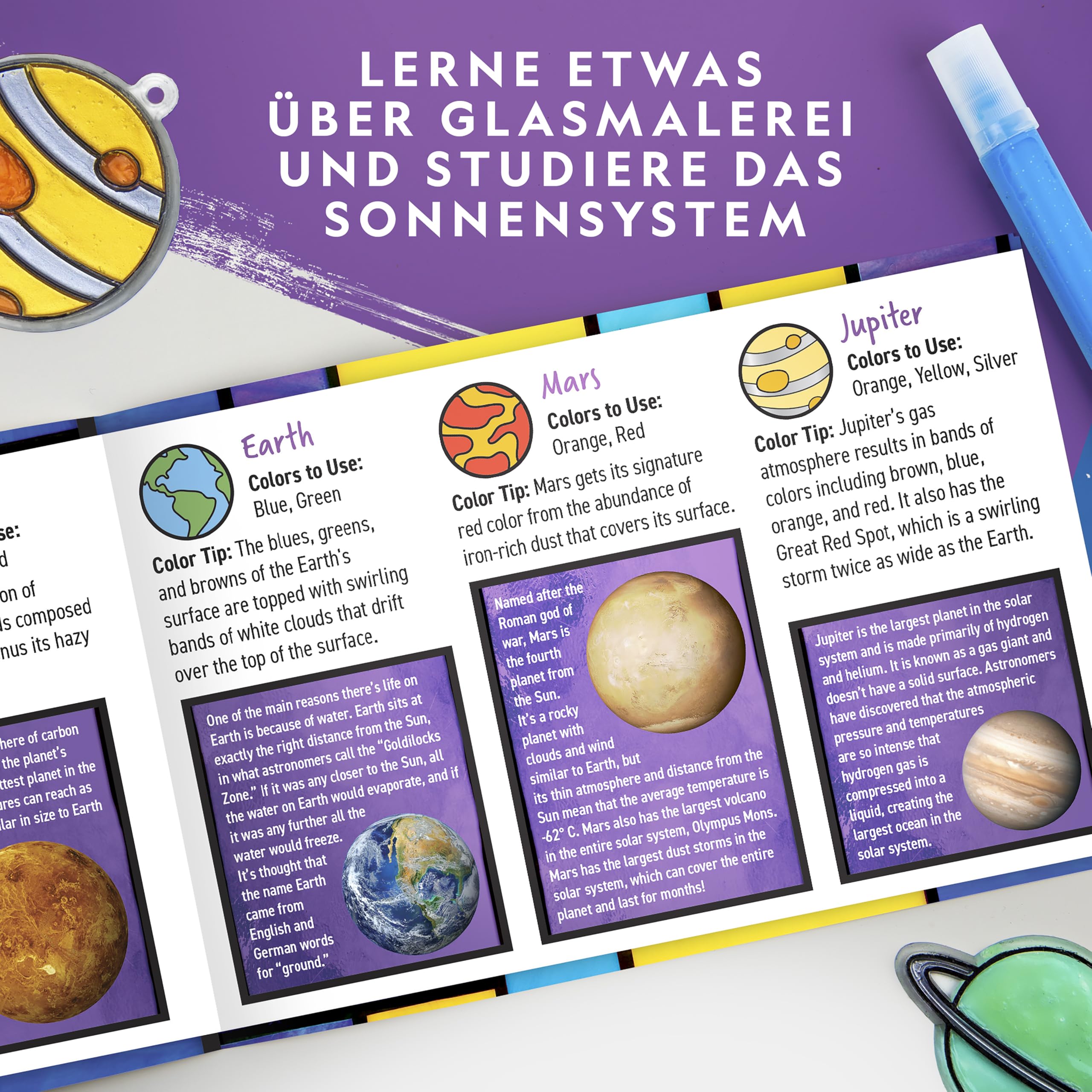 Blue Marble NATIONAL GEOGRAPHIC Fensterkunst-Kit für Kinder – Bastelset Sonnensystem im Glasmalerei-Stil mit leuchtenden Planeten, als Fensterbild oder Mobile für Decke & Weltraum-Deko verwenden