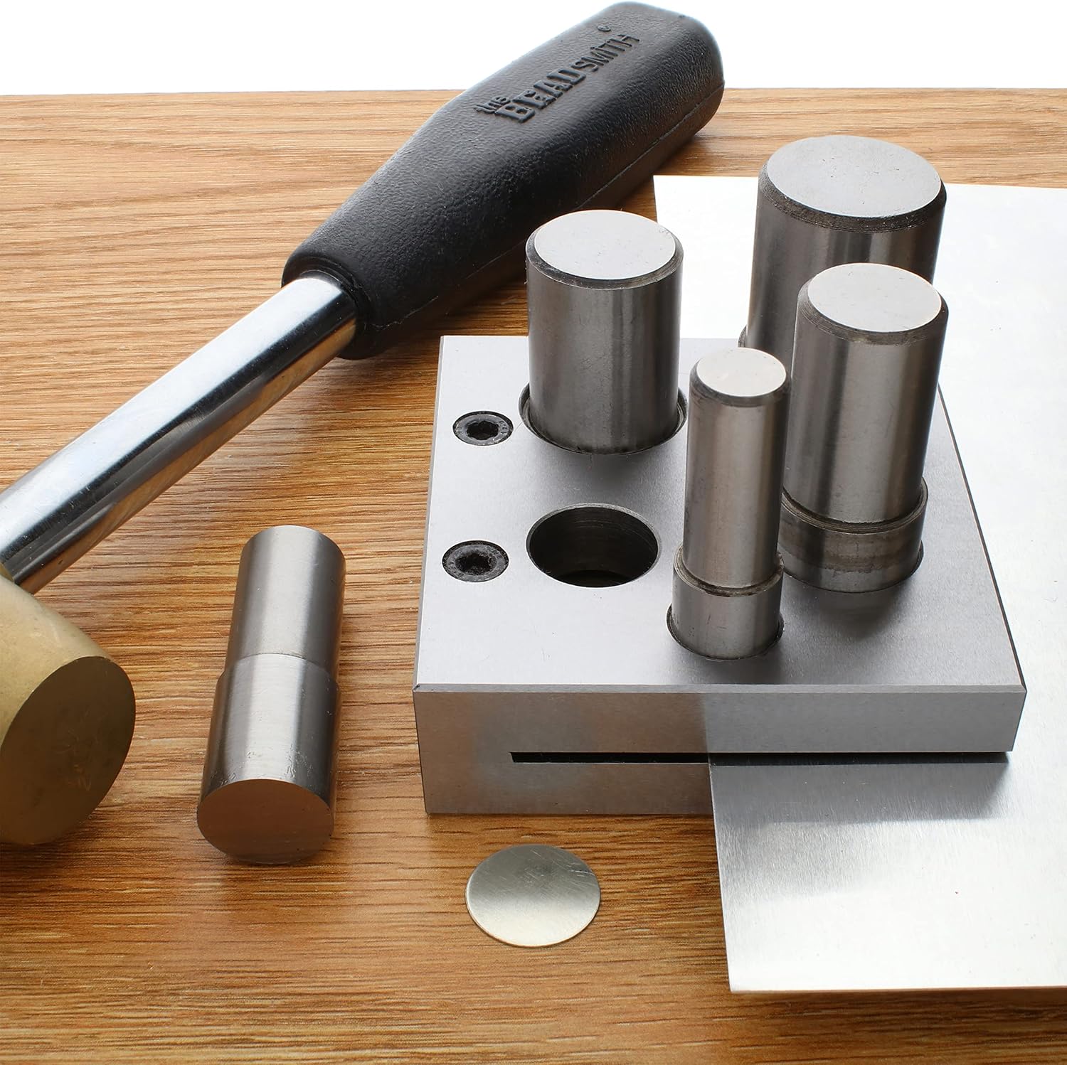 The Beadsmith Steel Large Circle Disc Cutter Set with 5 Punches and Die. Tool for Cutting Accurate Large Circles from 1/2'- 1' Inch Using a Soft Metal Sheet up to 18 Gauge and Thinner