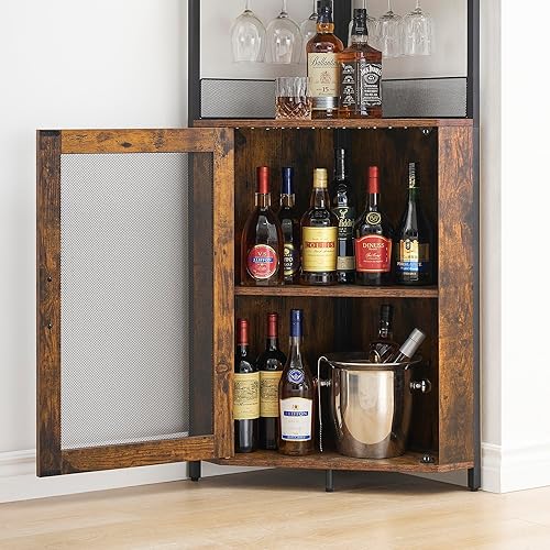 Miniatura 10 de Amyove Cabina de barra de esquina gabinete de vino con estantes extraíbles marrón retro