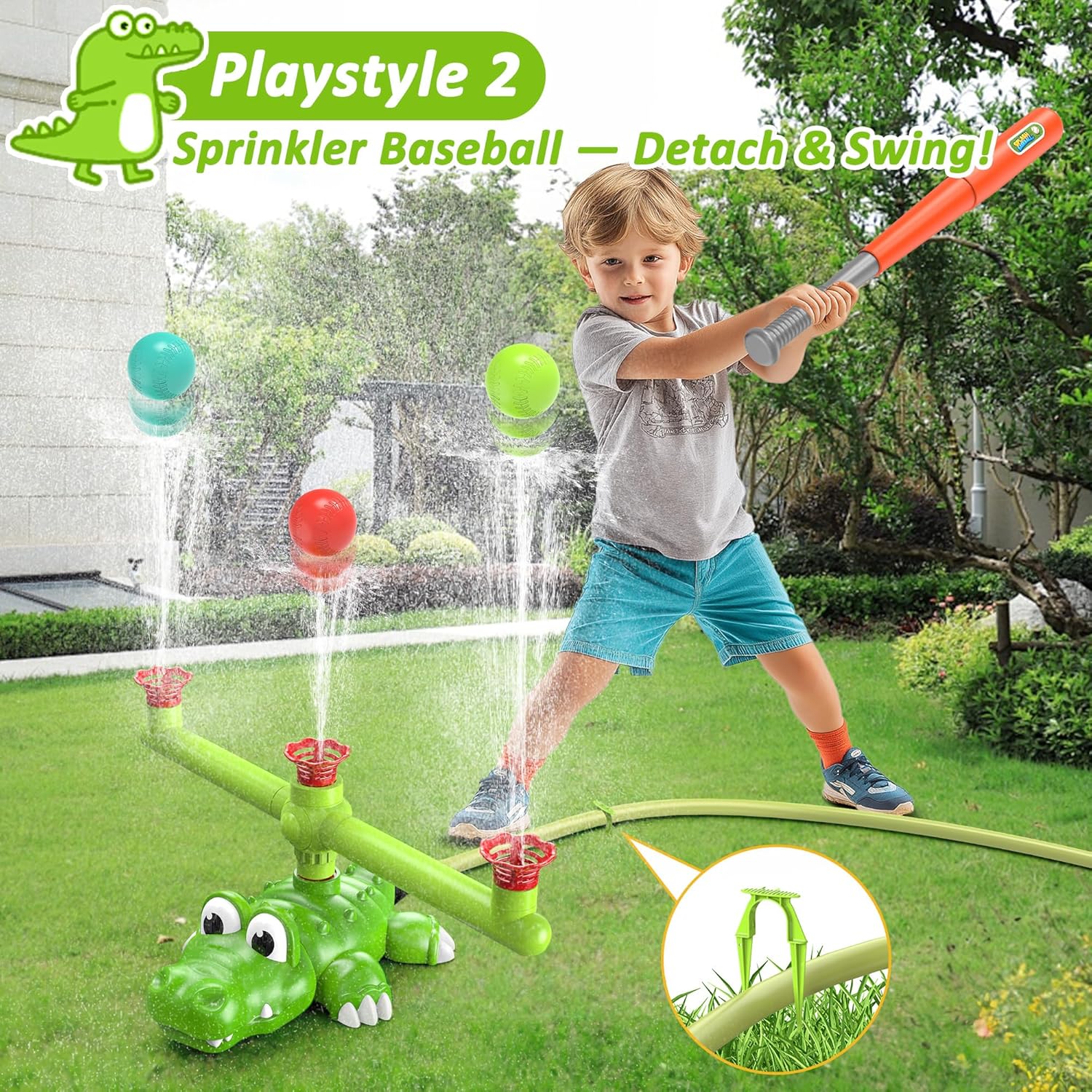 4-in-1 Summer Outdoor Sprinkler Spray Water Toys,360° Rotating Sprinkler/Hydro Baseball /3-Spout Slugger/Stomp Rocket Lawn Backyard Pool Party Outside Game for Kids Toddlers Ages 3-5 4-8 (Crocodile)