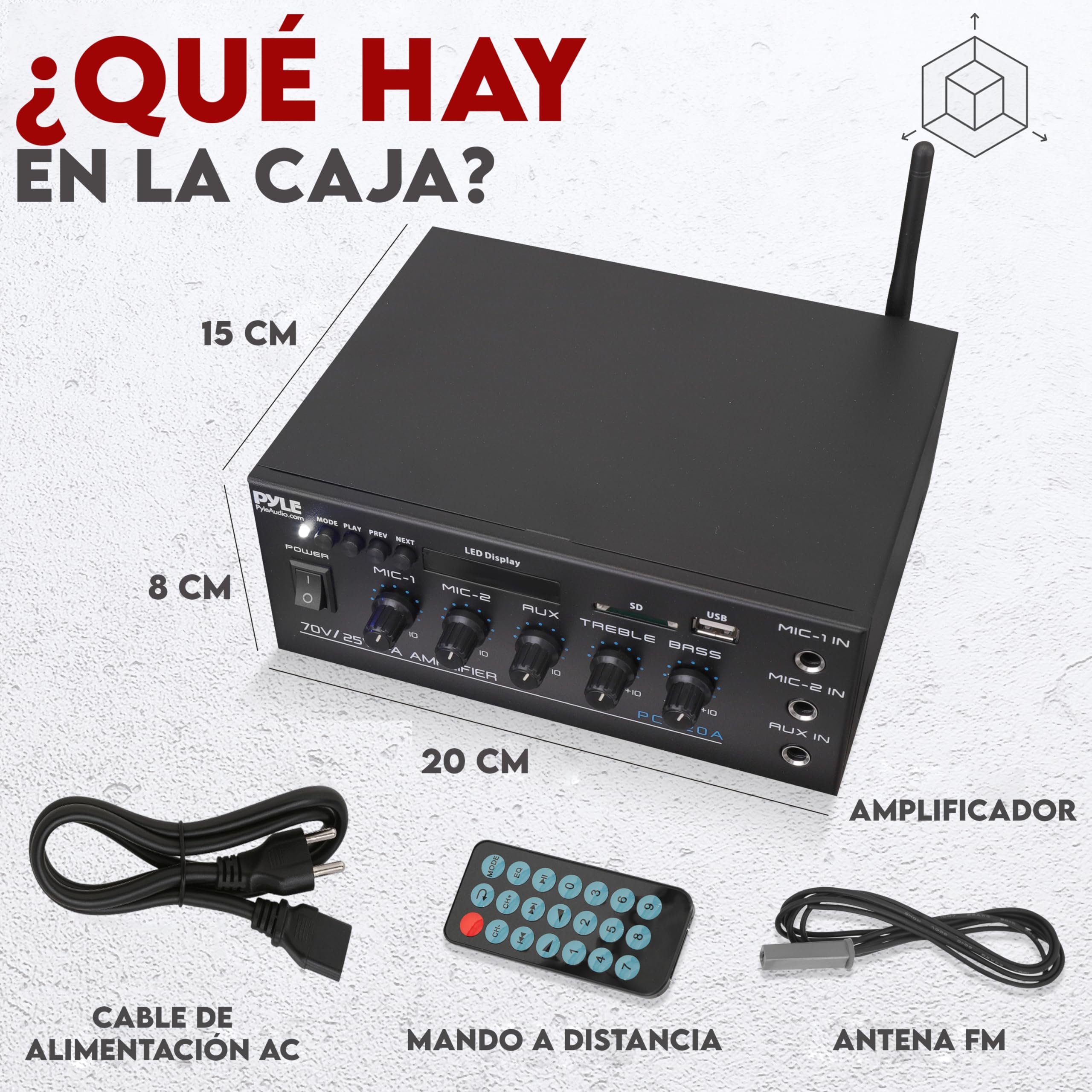 Pyle Sistema Amplificador de Potencia de Audio, Inalambrico, Estereo, Potencia Maxima de 200V, USB, SD, AUX, Entrada de microfono para Karaoke, Radio, Pantalla LCD, RCA