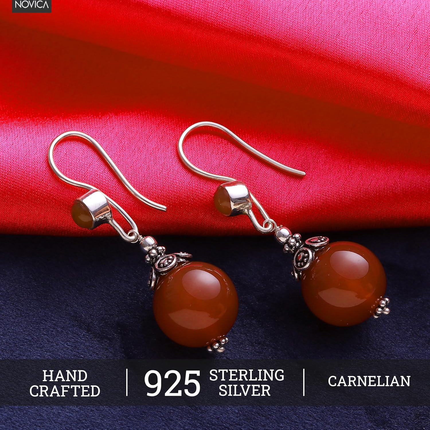 NOVICA Artisan Handmade Carnelian Dangle Earrings Sterling Silver Red India Birthstone [1.8 in L x 0.6 in W x 0.6 in D] ' Gujurati Ode'