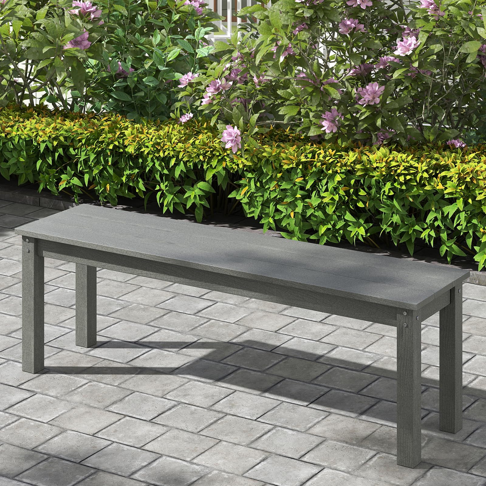 COSTWAY Banc Exterieur Jardin pour 2-3 Personnes, Banc de Jardin en HDPE, Surface en Grain de Bois, Barres en Métal, Banquette pour Porche Piscine Cour, Charge 340 kg, 140 × 35 × 45 cm (Gris)