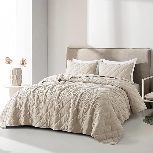 Miniatura 2 de palassio Juego de ropa de cama beige tamaño Queen con fundas de almohada, colcha ligera y suave, manta fina acolchada para todas las estaciones,