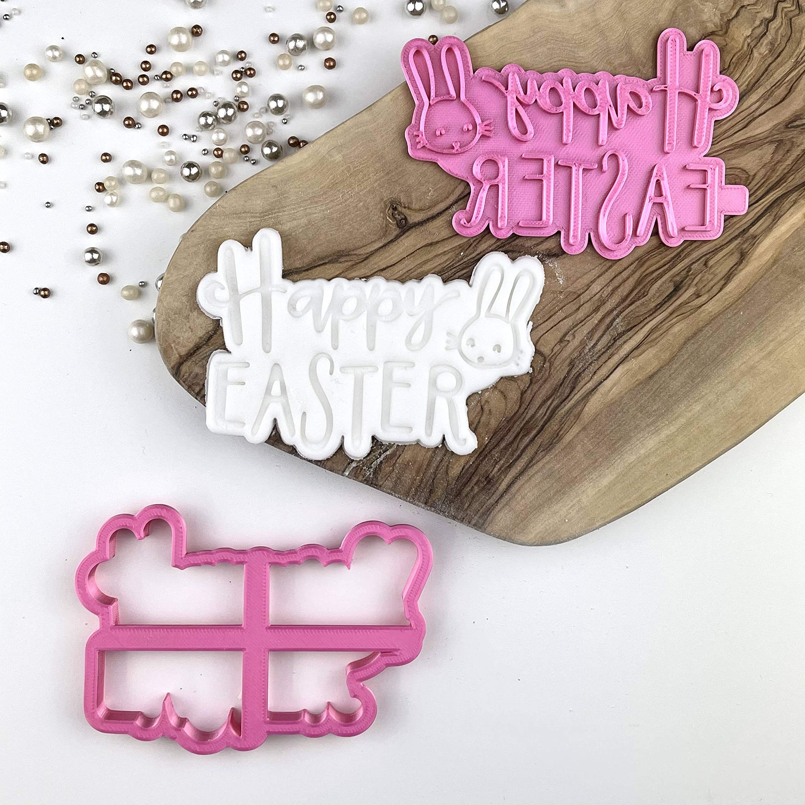 LissieLou Happy Easter Style 2 with Rabbit Cookie Cutter and Stamp Easter Icing Stamp Fondant Embosser - Light Pink