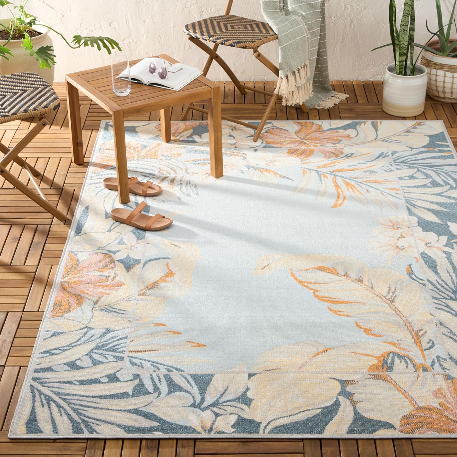 Tommy Bahama Bimini Blooming Border Indoor Outdoor Area Rug, Leaf Tropical Design, UV Fade Resistant, Blue/Grey/Coral, 5'2"x7'2"
